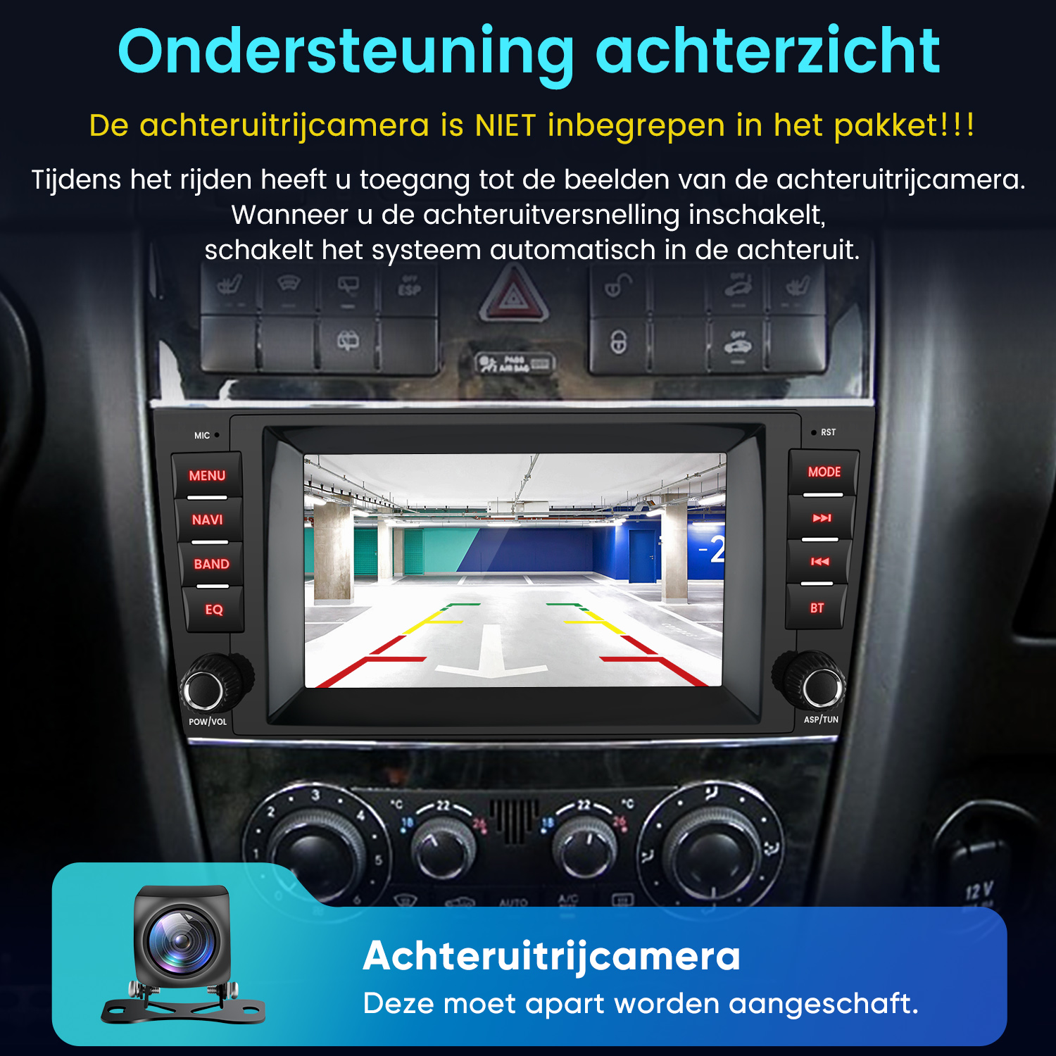Das Bild zeigt ein Autoradio mit Rückfahrkamera-Anzeige, Parkplatz.