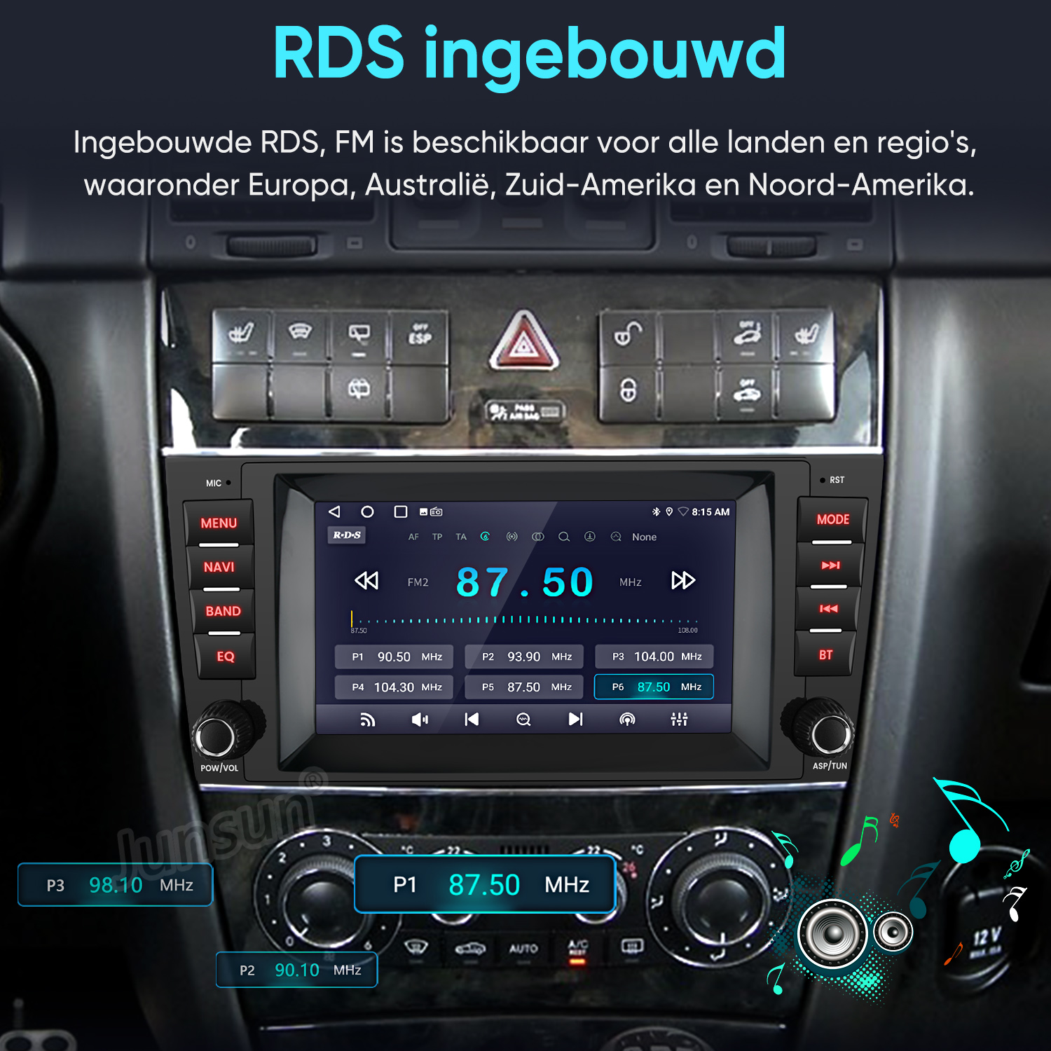 Ein Autoradio mit RDS-FM-Funktion, das 87,50 MHz anzeigt.