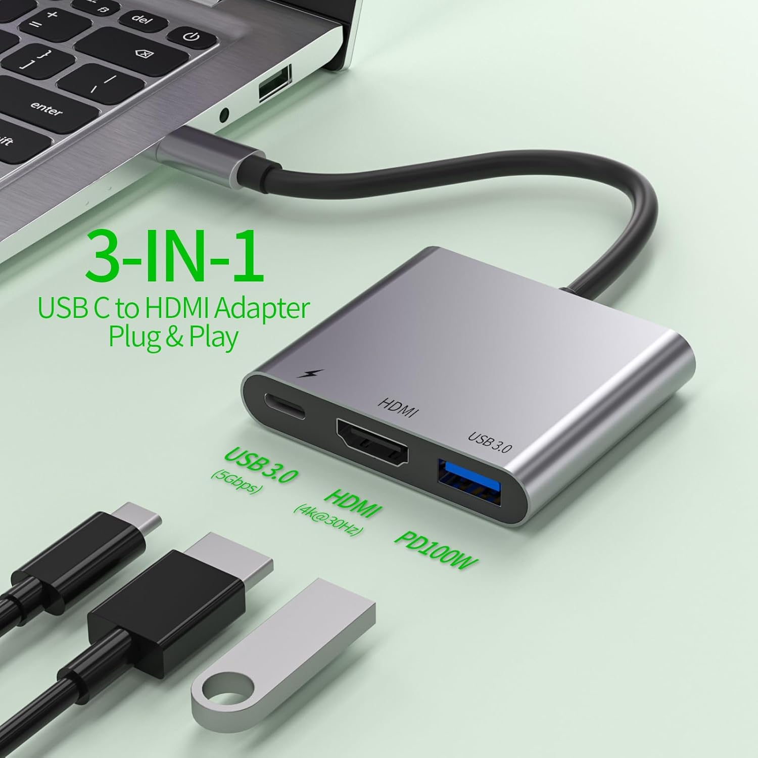 Ein grauer 3-in-1 USB-C-Adapter mit HDMI, USB 3.0 und PD100W-Anschlüssen.