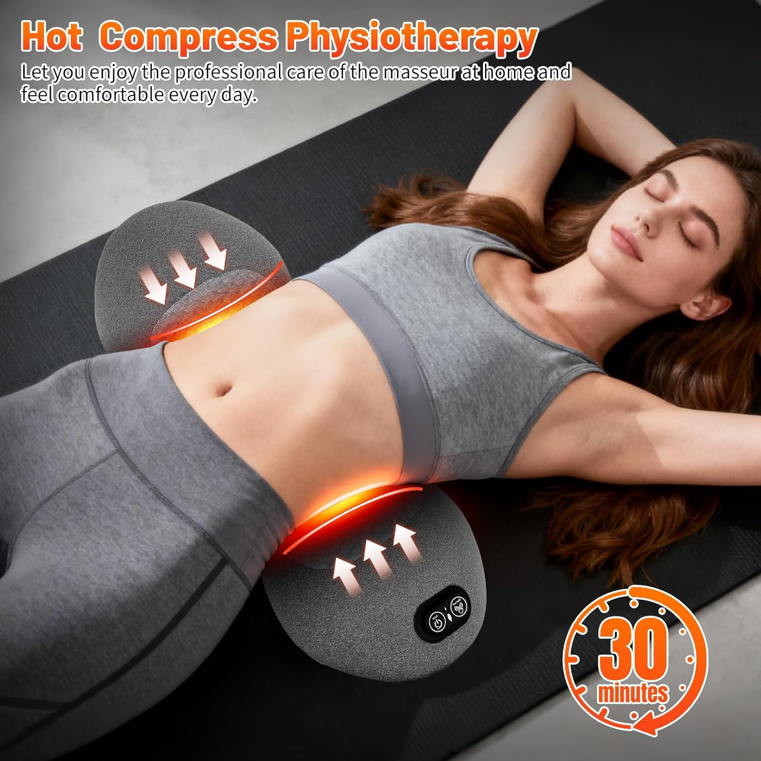 Frau entspannt auf einer Matte mit einem Hot-Compress-Physiotherapie-Gerät im unteren Rücken.