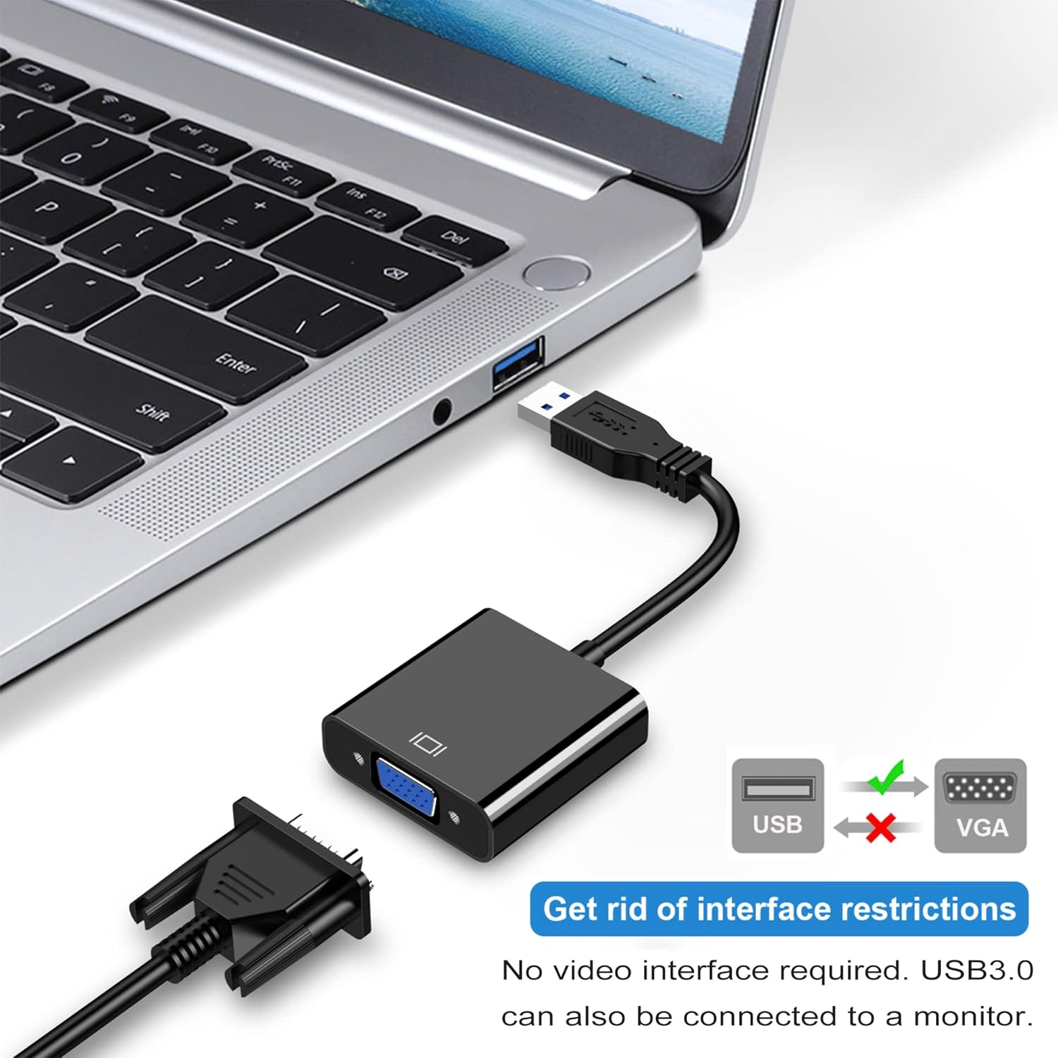 Ein USB auf VGA Adapter ist an einen Laptop angeschlossen.