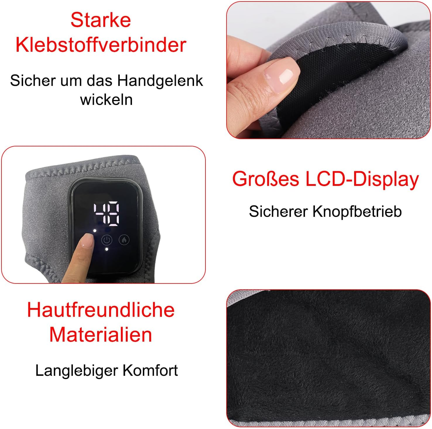 Grauer Handgelenk-Stütze mit LCD-Display, Klettverschluss und weichem Innenmaterial.