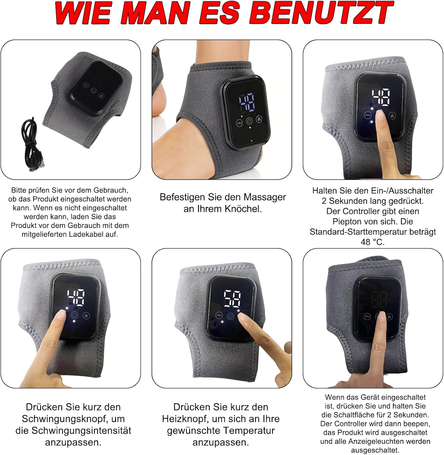 Graues Knie-Massagegerät mit schwarzem Controller und Ladekabel. Anleitungen.