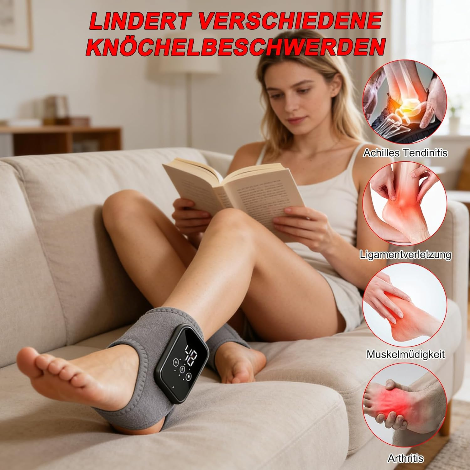 Frau mit Knöchelbandage liest Buch, zeigt Schmerzzonen an Knöchel und Fuß.