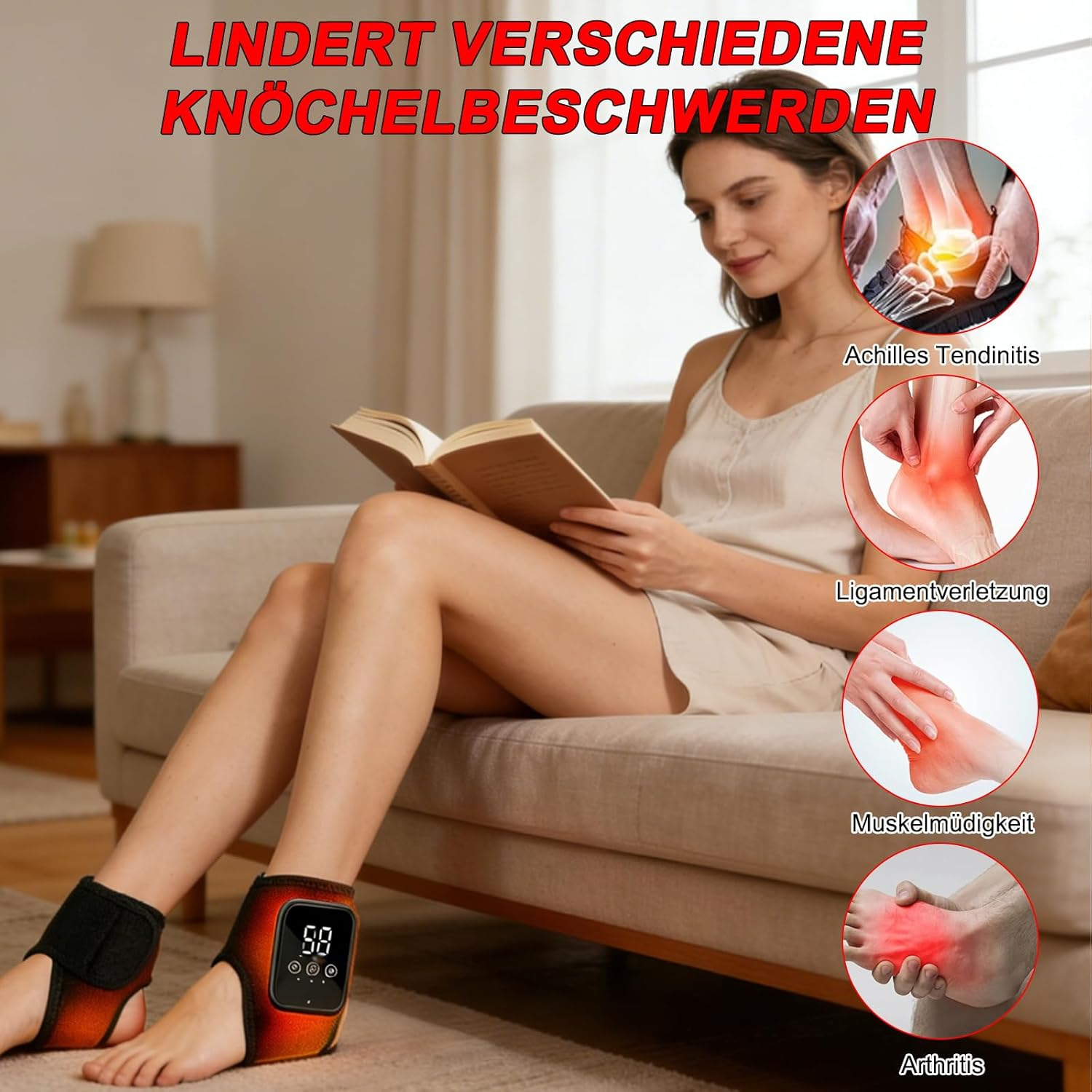 Frau liest Buch, trägt Knöchelbandage mit Digitalanzeige. Grafiken zeigen Knöchelprobleme.