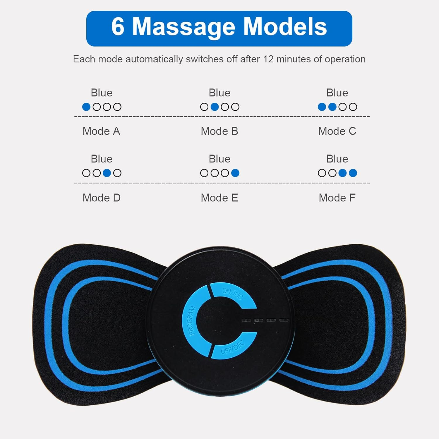 Ein blau-schwarzes EMS-Gerät mit 6 Massagemodi und Anzeigelämpchen.