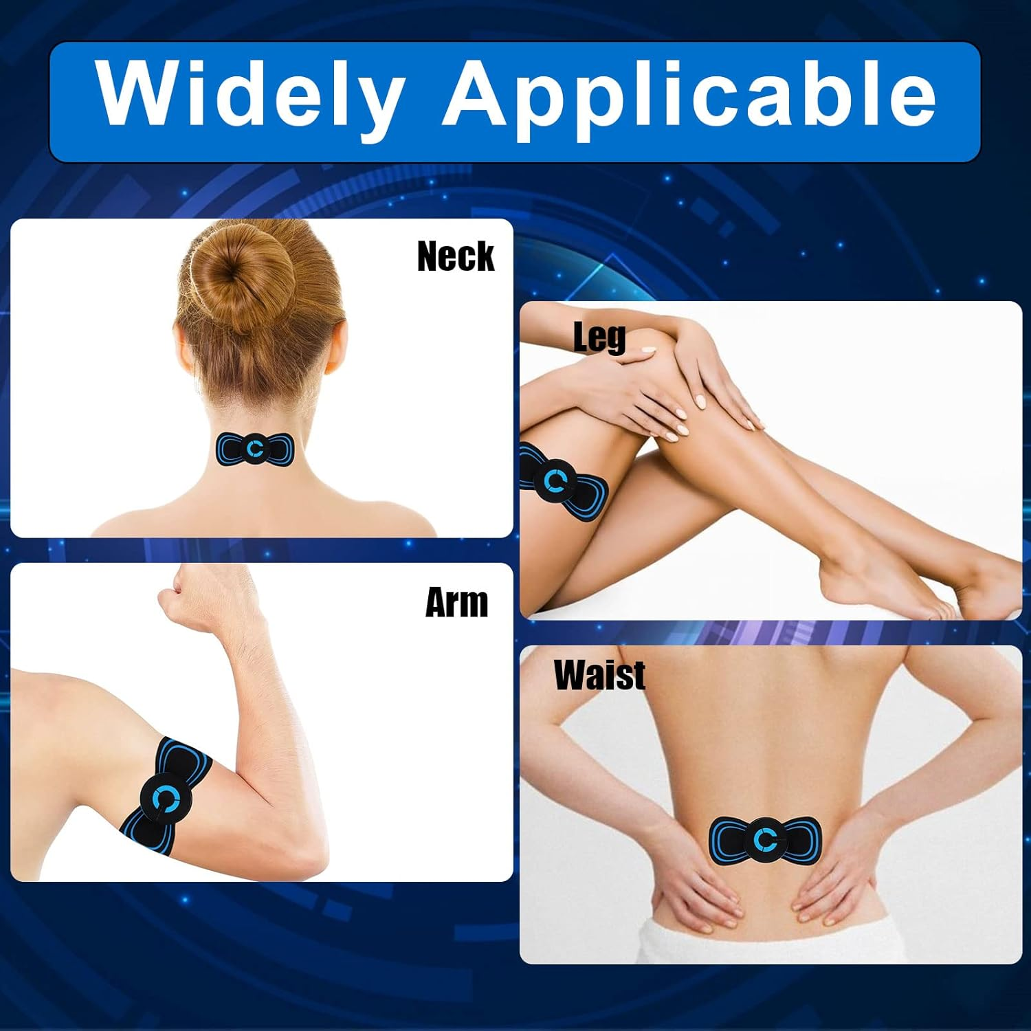 Ein Bild mit vier Bereichen: Nacken, Bein, Arm und Taille, die die Anwendung eines EMS-Geräts zeigen.