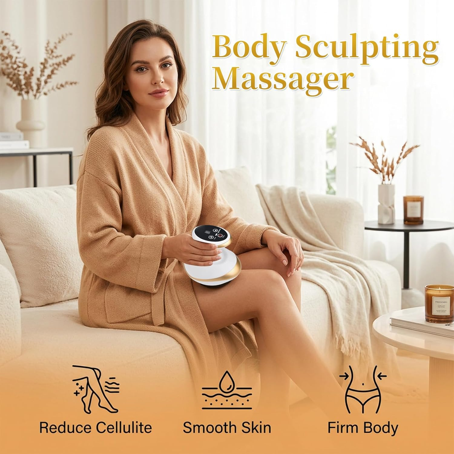 Frau in Robe auf Couch hält Massager. Symbole: Cellulite reduzieren, Haut glätten, Körper straffen.