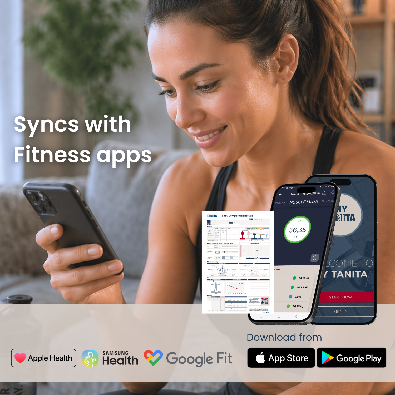 Frau mit Smartphone, zeigt Tanita Körperanalyse-App und Fitness-App-Integrationen.