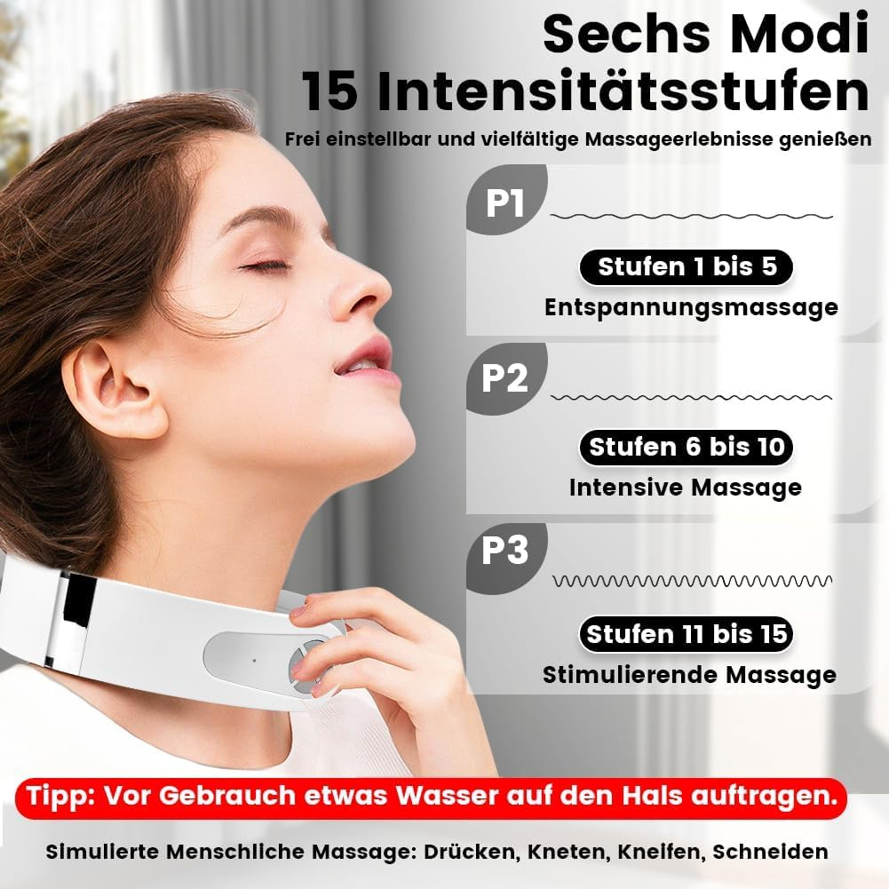 Frau mit Nackenmassagegerät, das sechs Modi und 15 Intensitätsstufen bietet.
