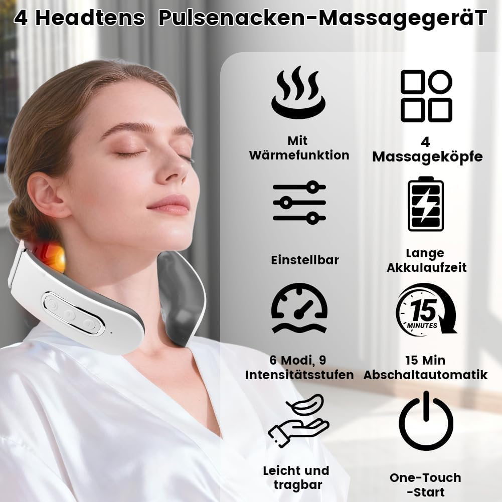 Frau mit Nackenmassagegerät, das Wärme, 4 Köpfe, 6 Modi, 9 Intensitäten bietet.