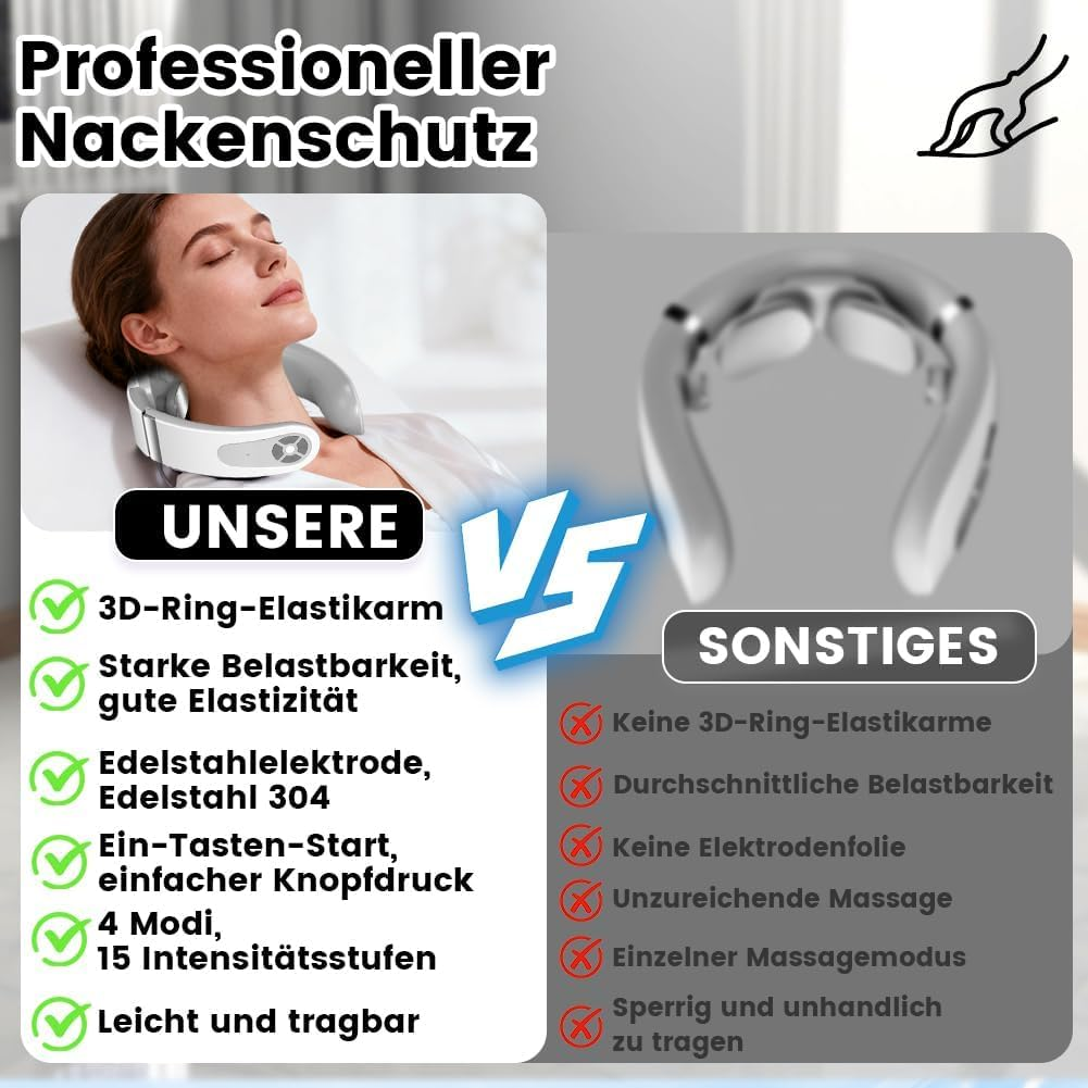 Vergleich: Nackenschutz mit 3D-Ring und elastischem Arm vs. andere.