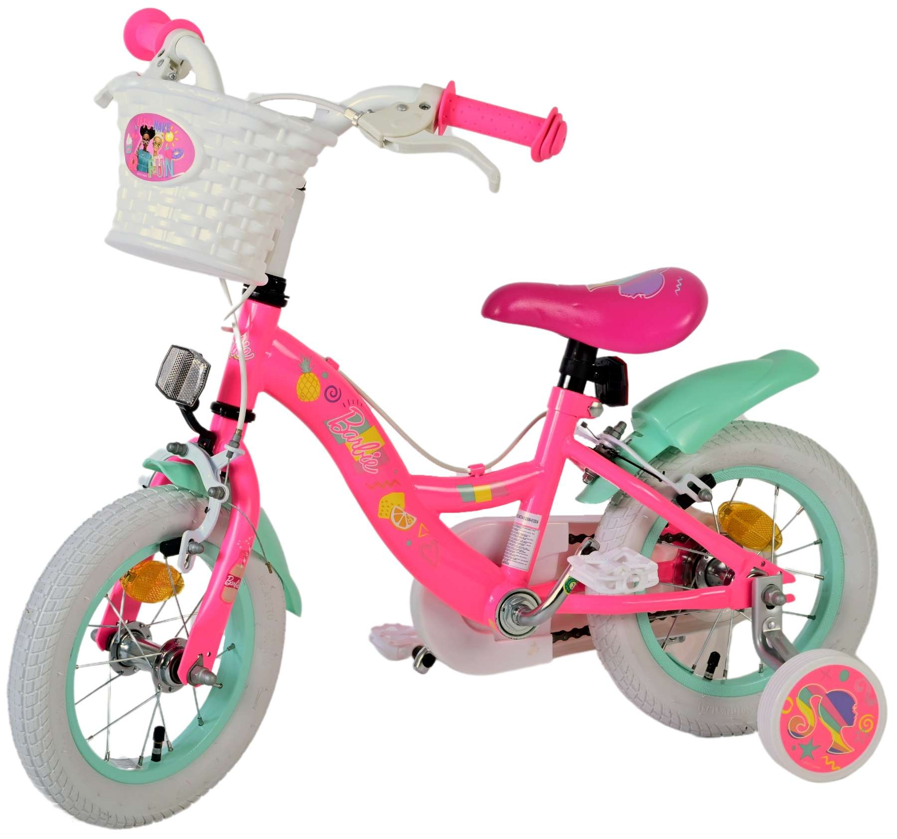 Ein rosafarbenes Barbie-Fahrrad mit weißem Korb, mintgrünen Schutzblechen und Stützrädern.