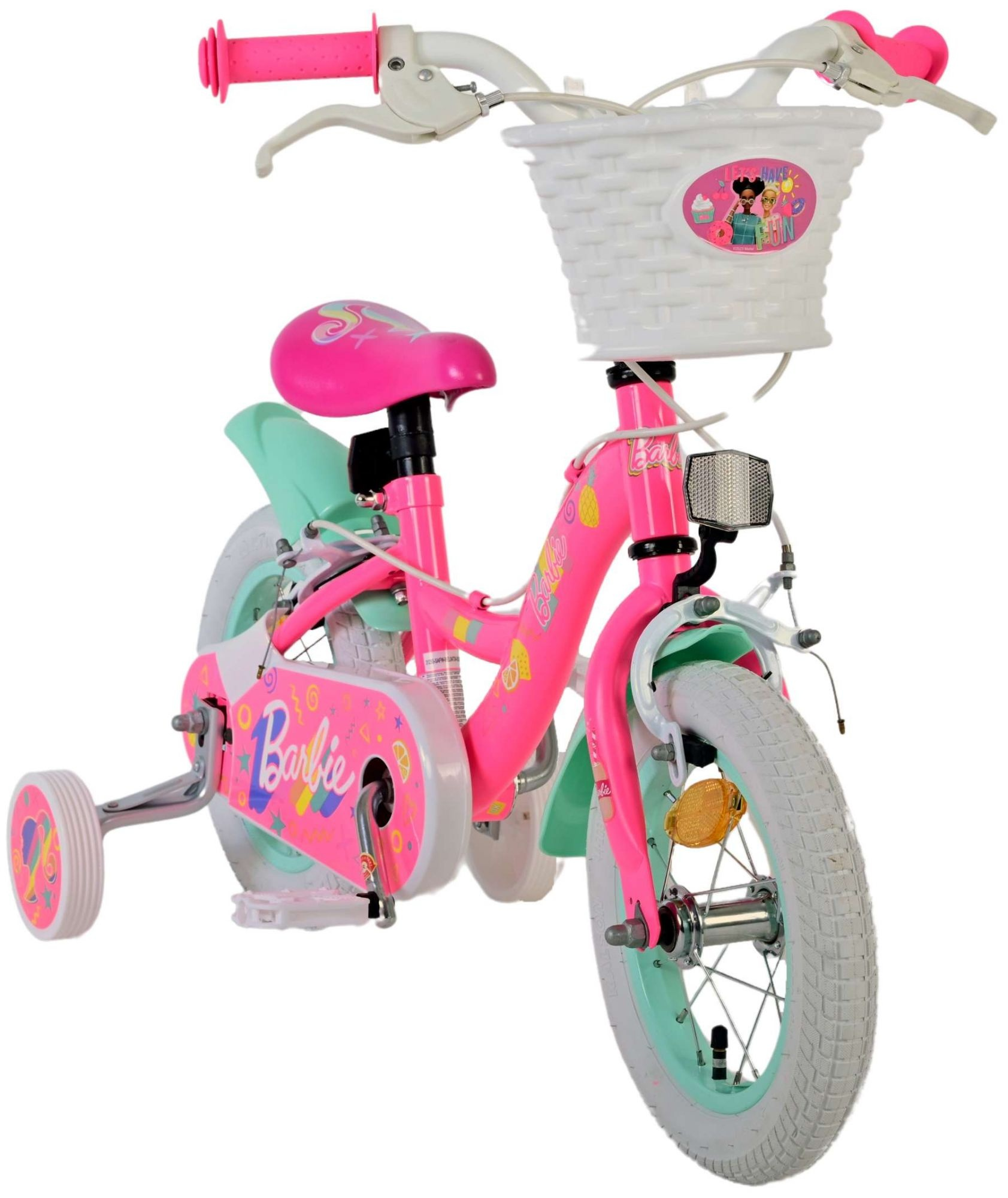 Ein pinkes Barbie-Fahrrad mit Stützrädern, weißem Korb und mintgrünen Akzenten.