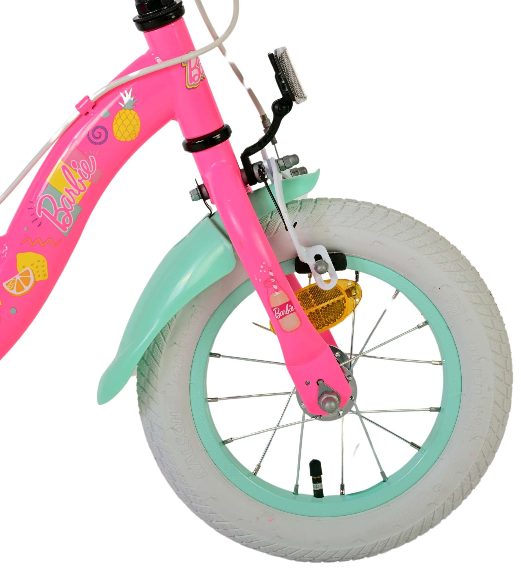 Ein pinkes Barbie-Fahrrad mit mintgrünem Schutzblech und weißem Reifen.
