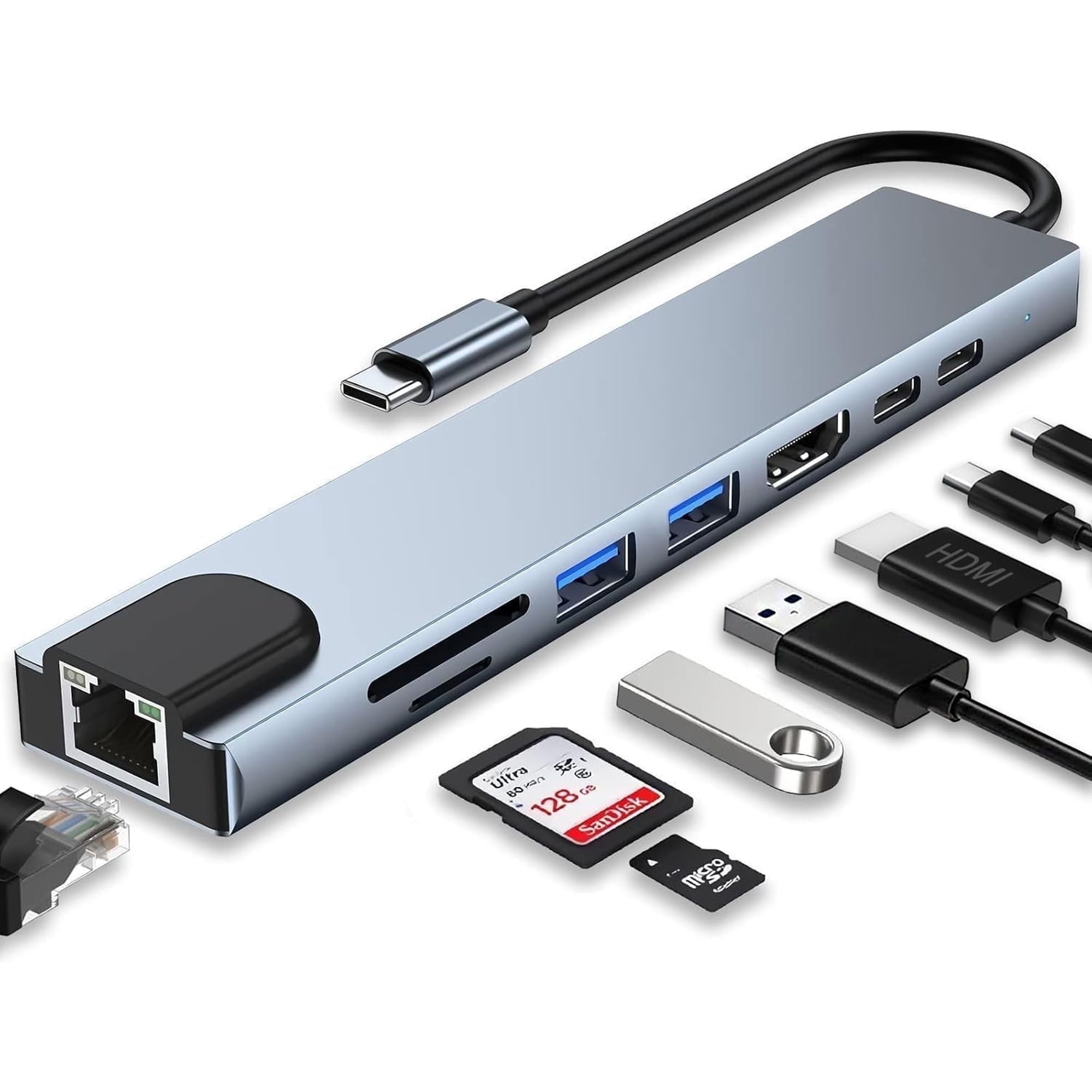 Ein silberner USB-C-Hub mit SD-Karte, HDMI und Ethernet-Anschluss.