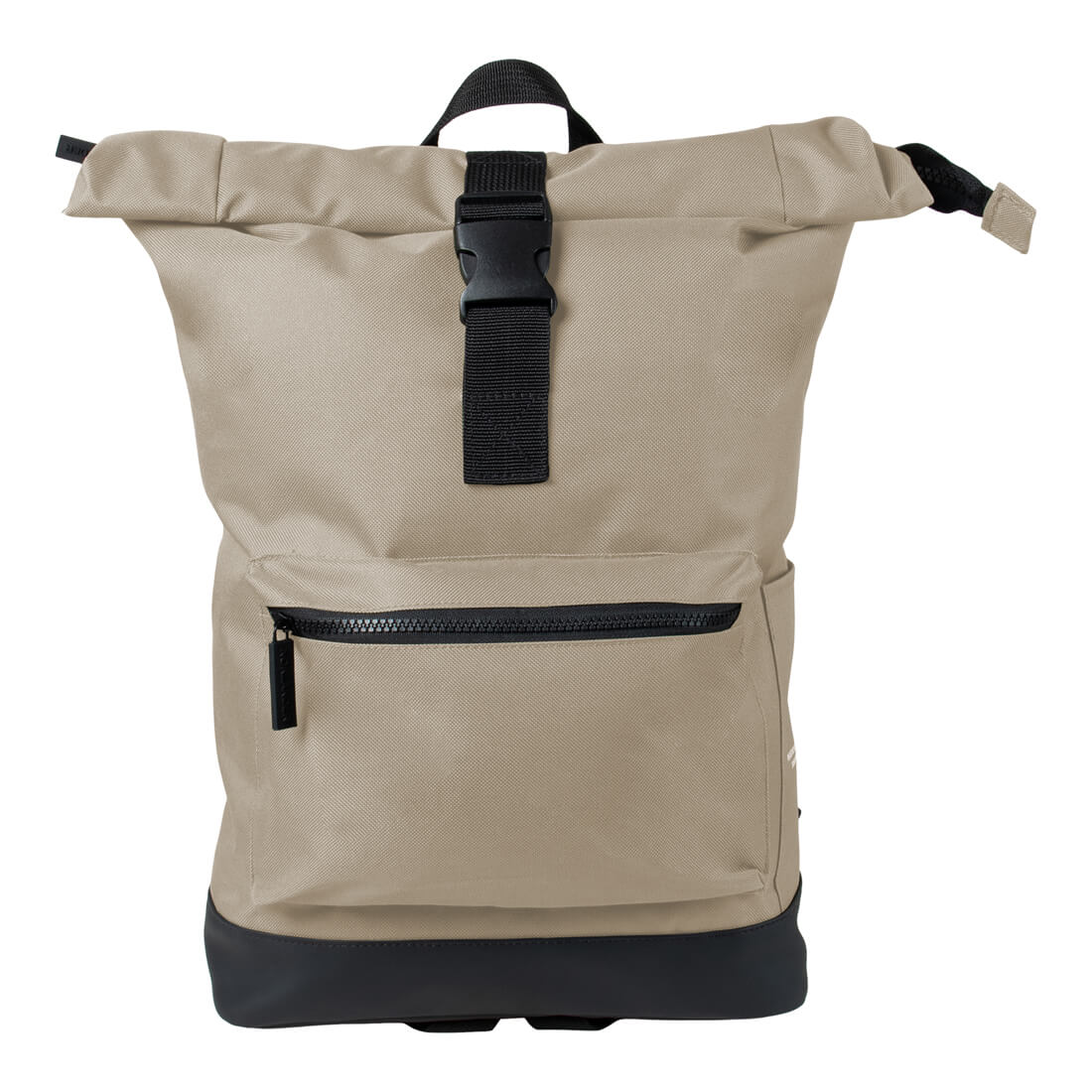 Beiger Rucksack mit schwarzem Reißverschluss und Schnalle.
