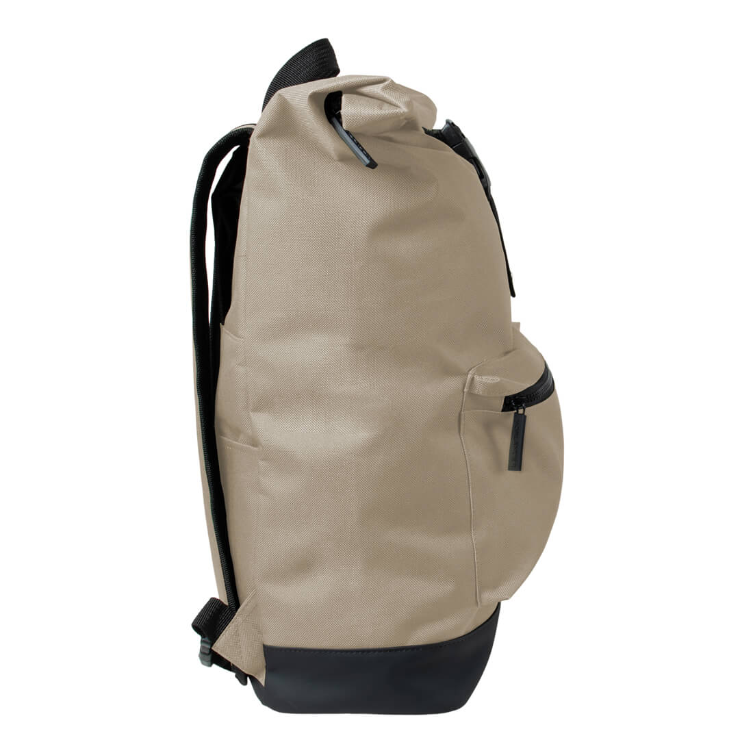 Eine beige Tasche mit schwarzen Riemen und Reißverschlusstasche.