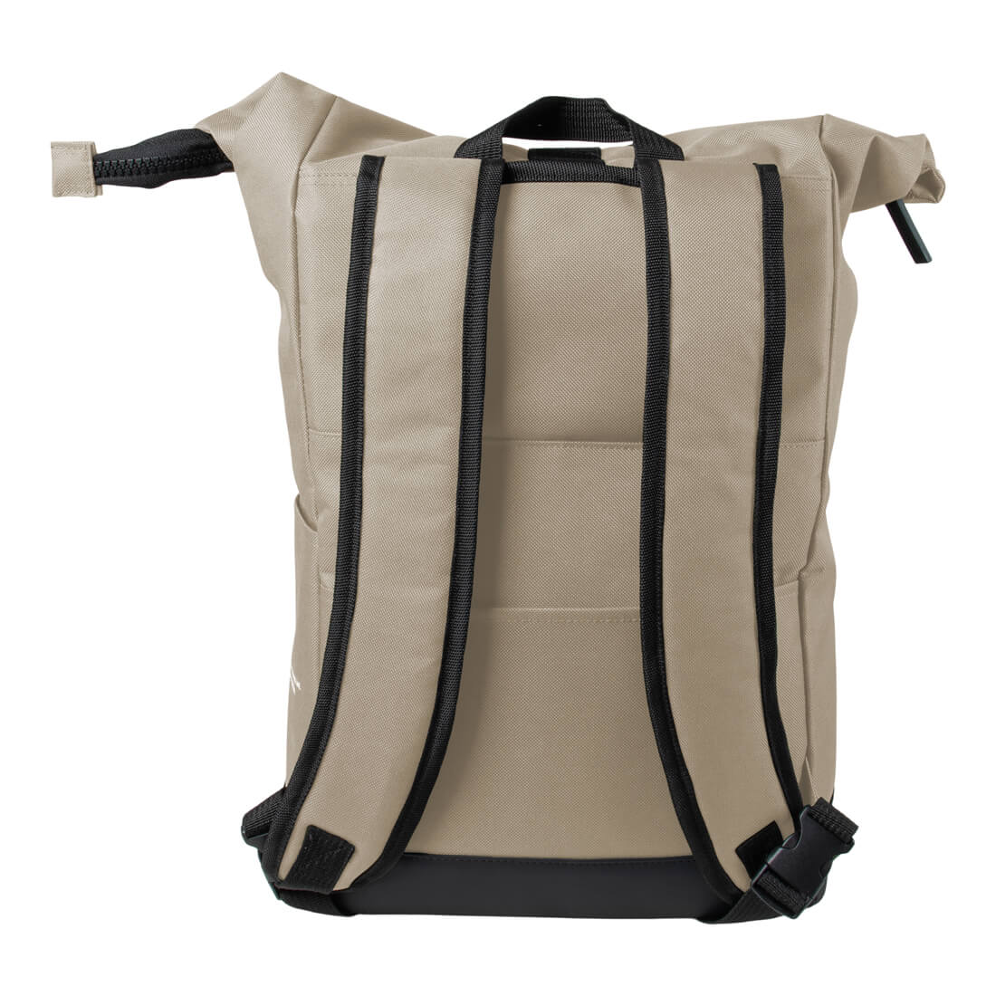 Ein beige Rolltop-Rucksack mit schwarzen Trägern und Reißverschluss.