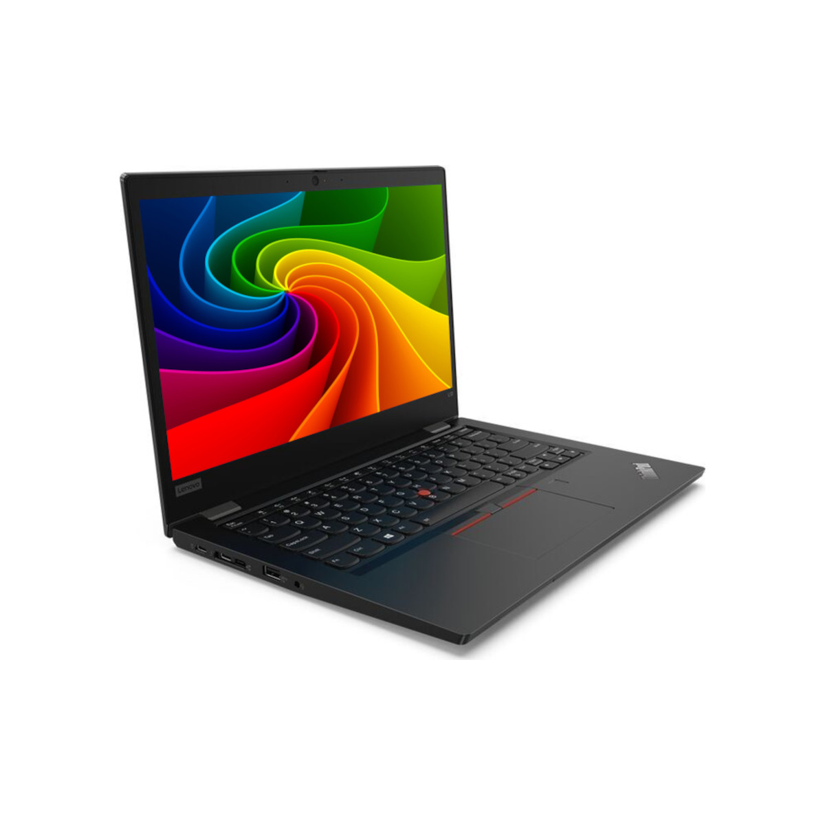 Schwarzer Laptop mit einem bunten Wirbelmuster auf dem Bildschirm, auf weißem Hintergrund.