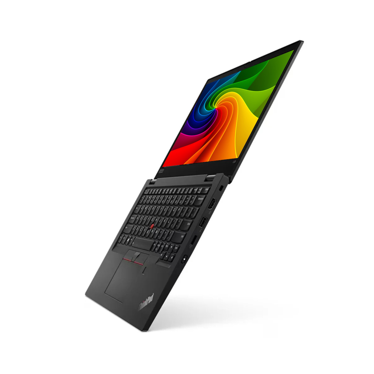 Schwarzer Laptop mit Tastatur und einem Bildschirm, der ein farbenfrohes Wirbelmuster zeigt.