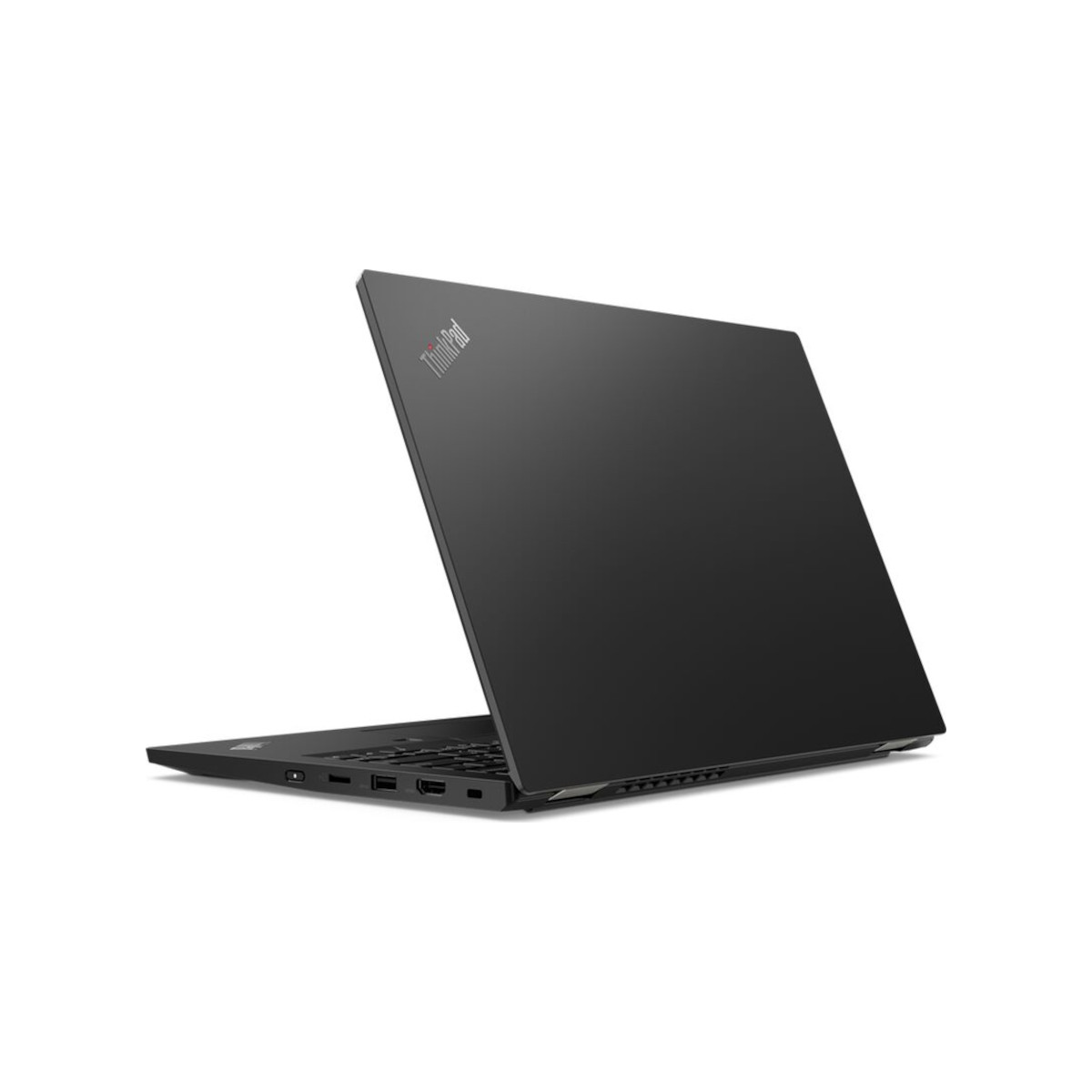 Schwarzer ThinkPad-Laptop von der Seite, mit Anschlüssen und dem ThinkPad-Logo auf dem Deckel.