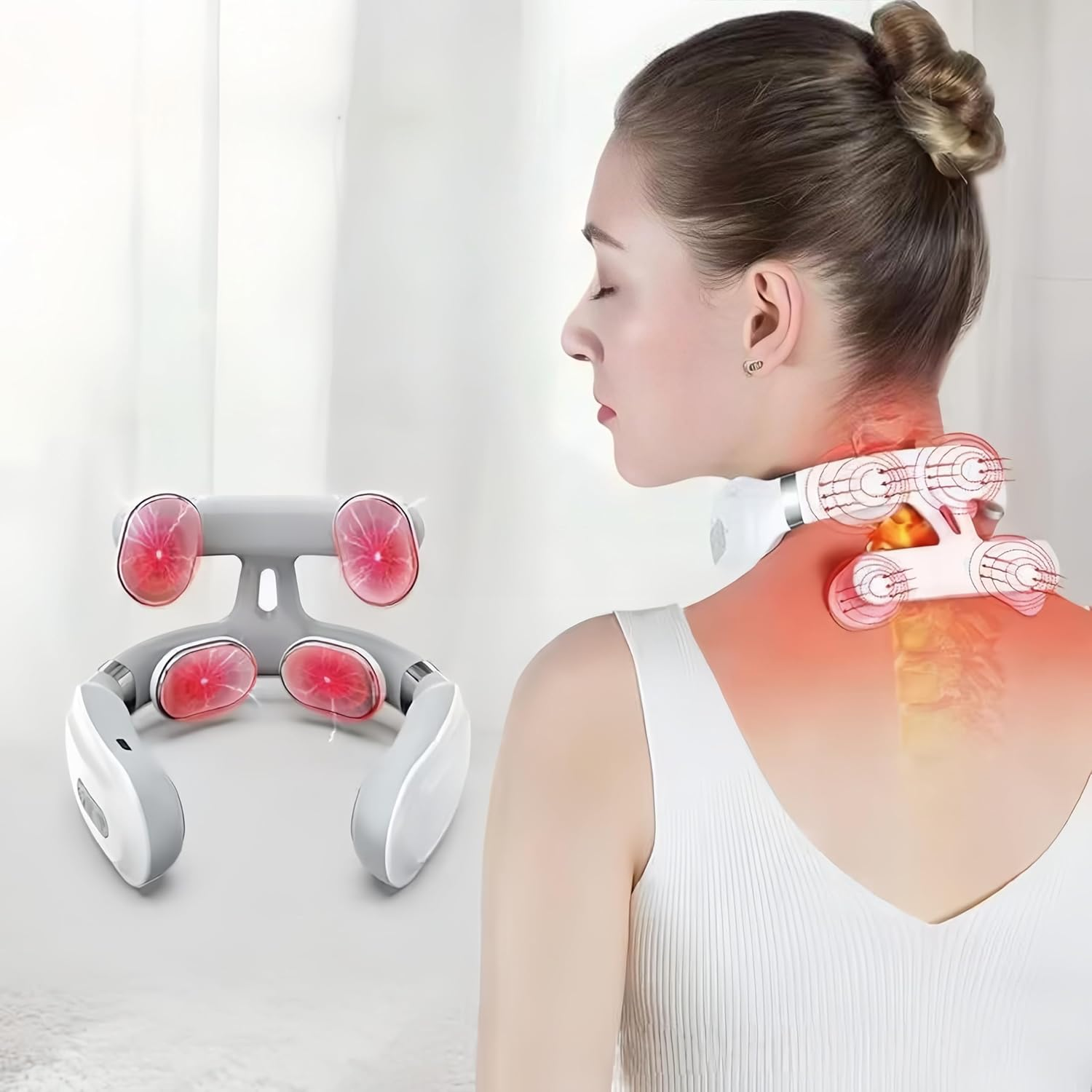 Ein Nackenmassagegerät mit vier roten Massageköpfen auf einem weißen Hintergrund.
