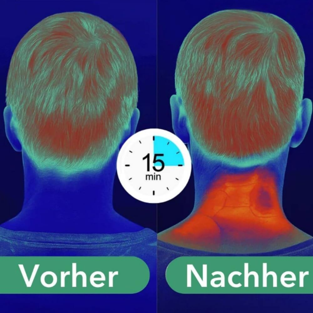 Vorher/Nachher Thermografie zeigt Wärmeänderung am Nacken nach 15 Minuten.