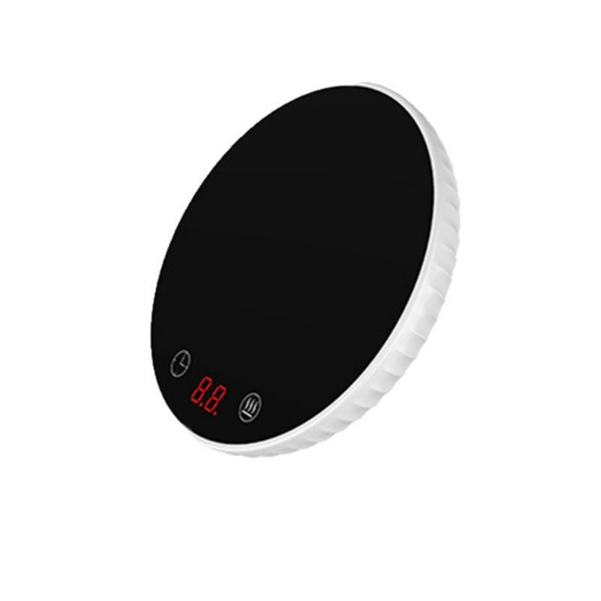 Ein schwarzer, ovaler Becherwärmer mit rotem Digitaldisplay.