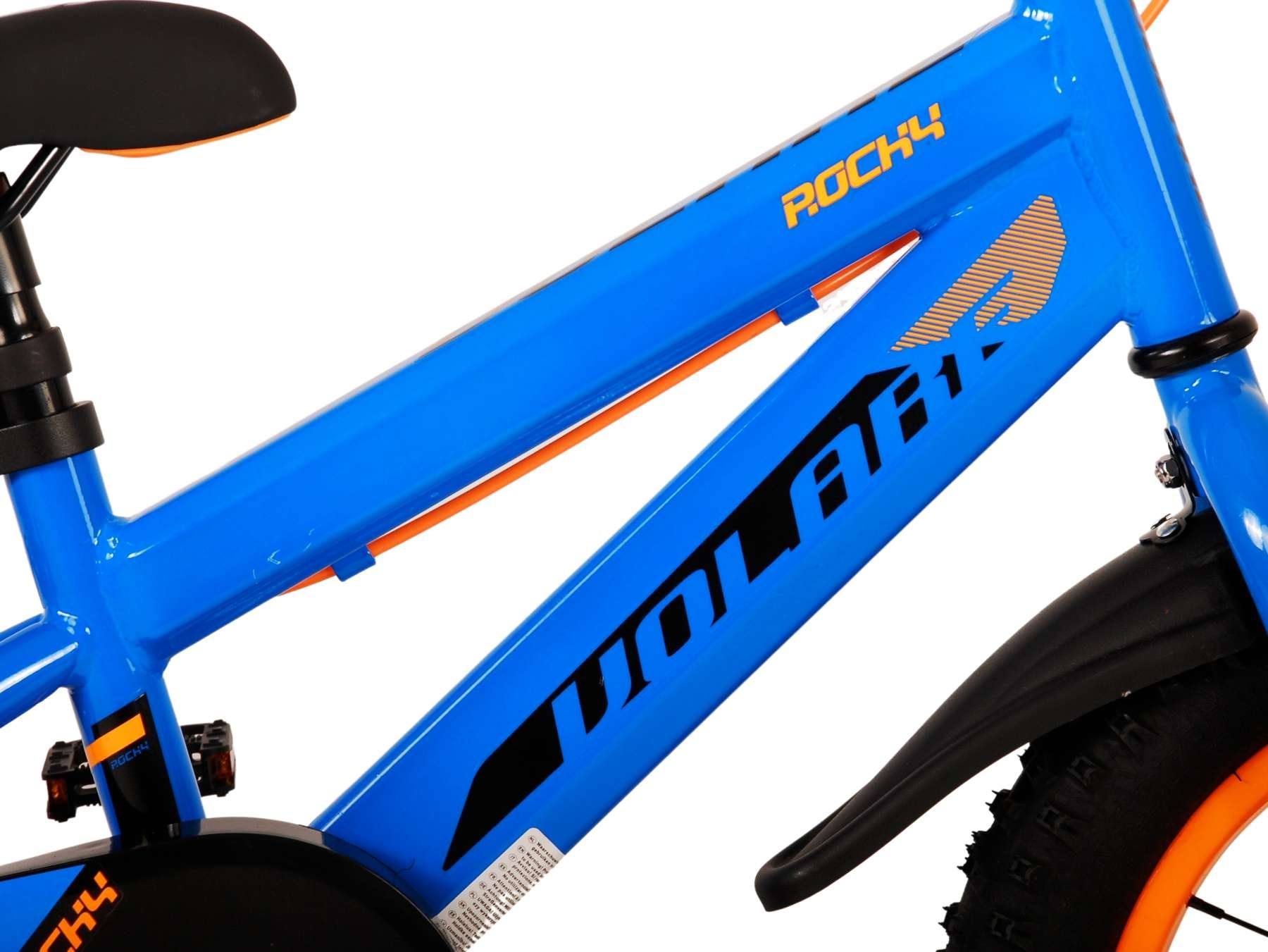 Blaues Kinderfahrrad mit orangen Akzenten und schwarzem Schutzblech.