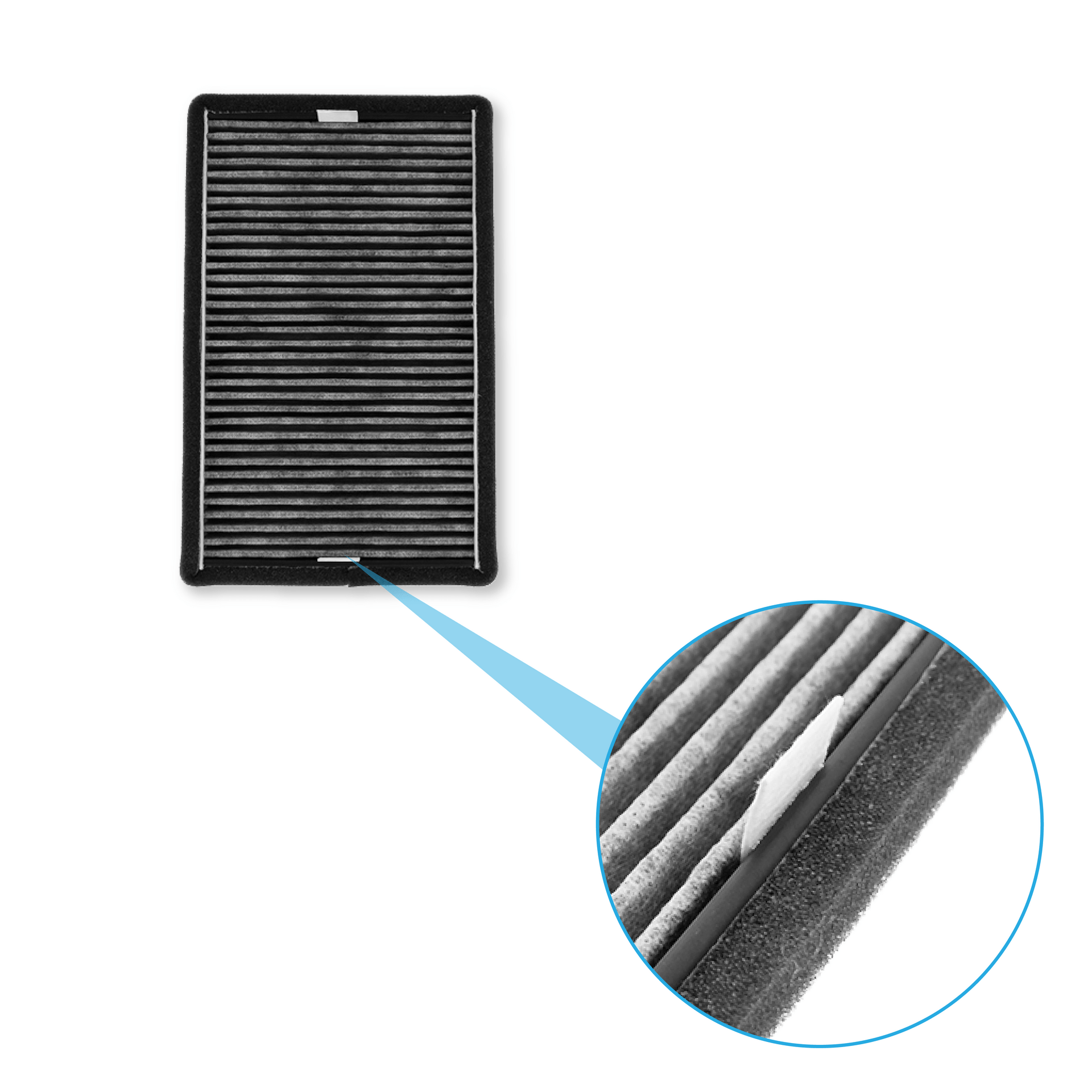 Un filtro dell'aria nero con un primo piano che mostra gli strati sottili e la guarnizione in schiuma.