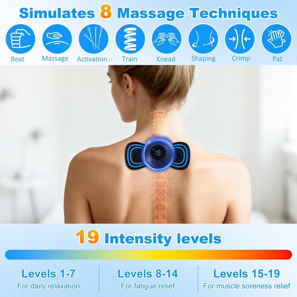 Eine Frau mit einem Massagegerät am Nacken, das 8 Techniken und 19 Intensitätsstufen bietet.