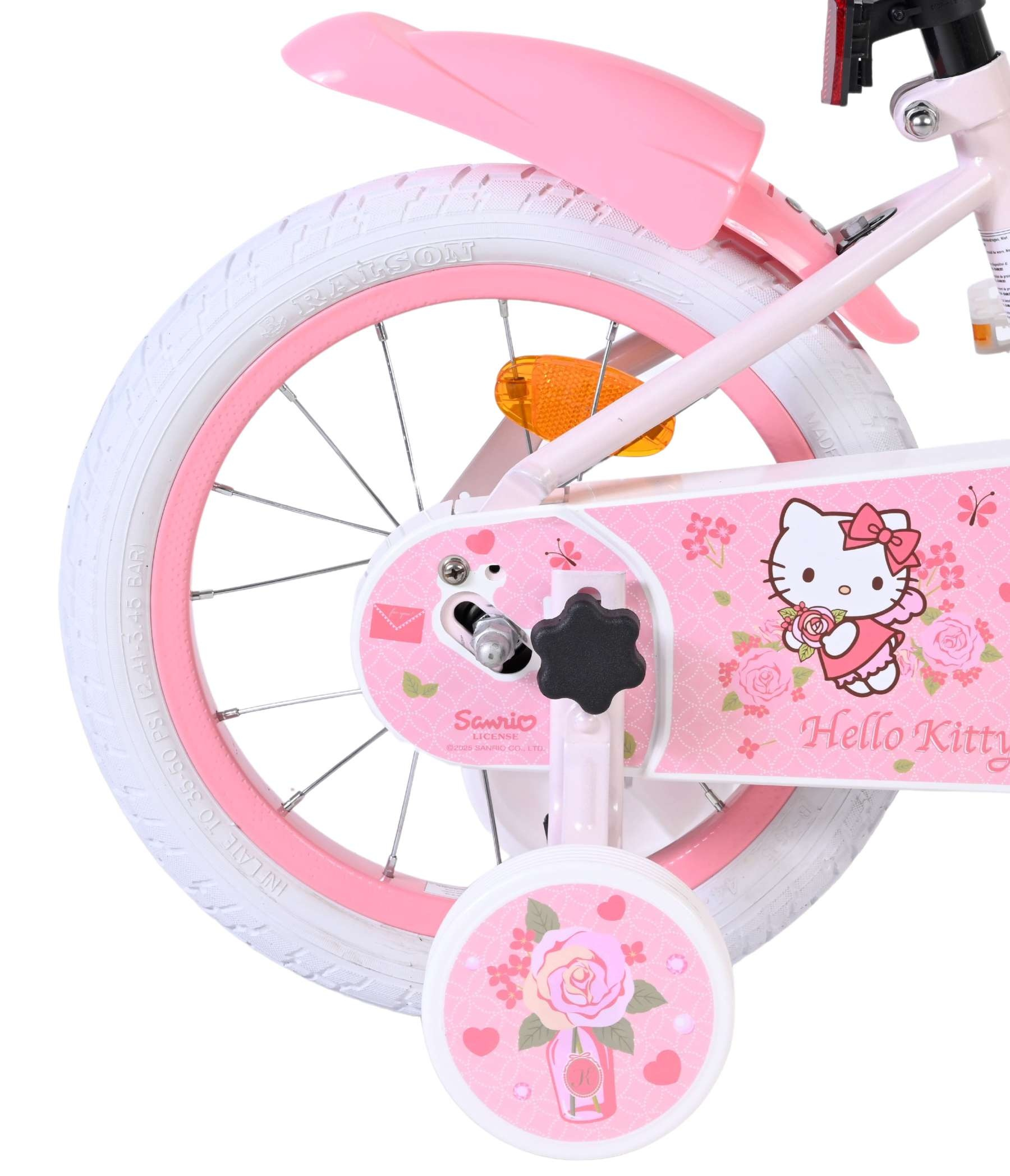 Rosa Hello Kitty Fahrrad Hinterrad mit weißem Reifen, Stützrad und Hello Kitty Grafiken.