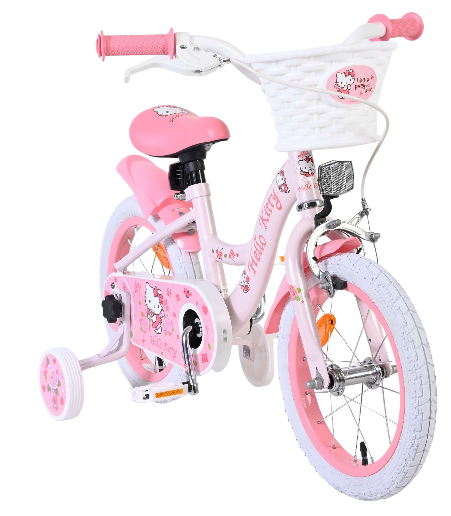 Ein rosafarbenes Kinderfahrrad mit Hello Kitty-Motiven, Stützrädern und einem weißen Korb.