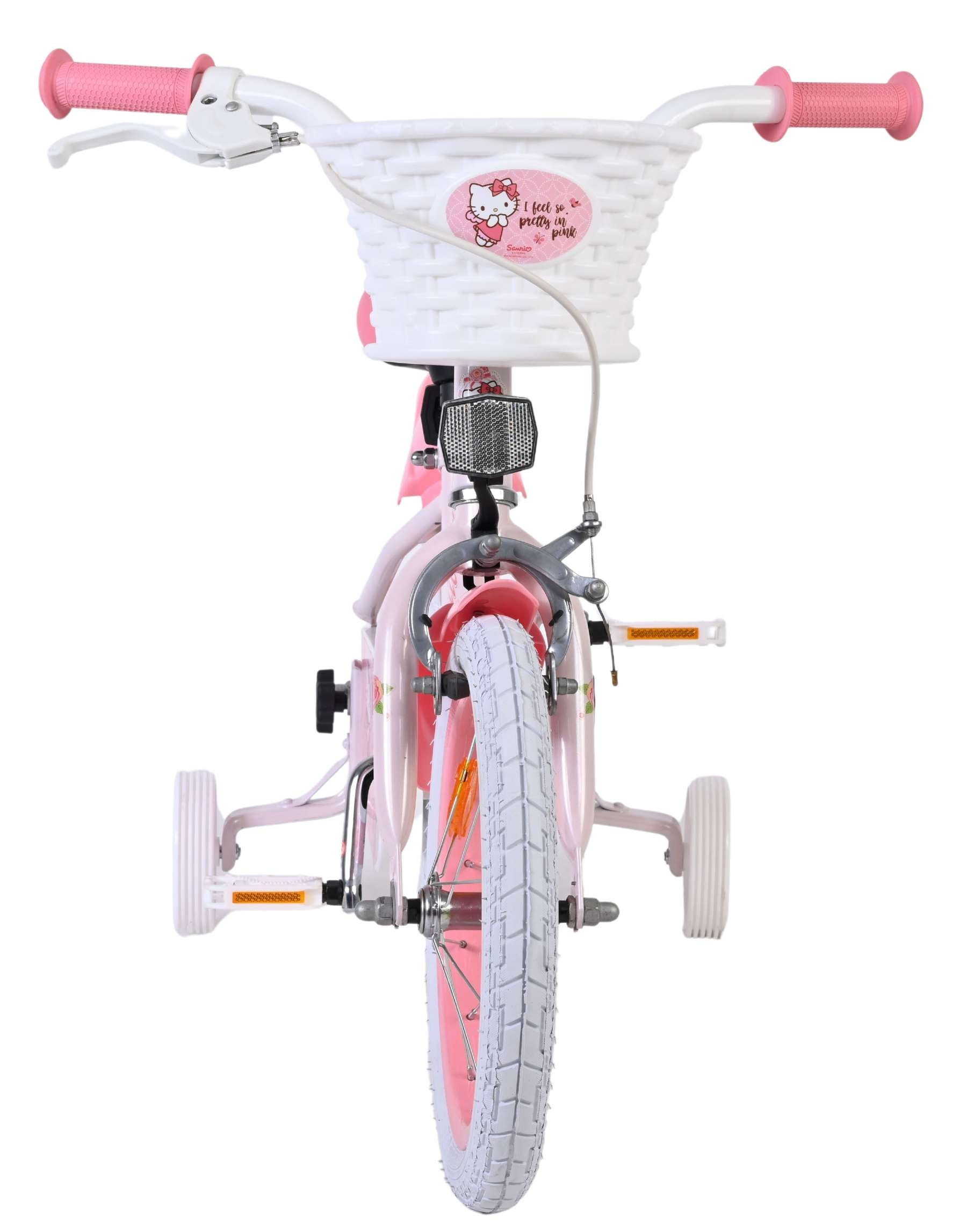 Ein rosa Kinderfahrrad mit Stützrädern und einem weißen Korb mit Hello Kitty Motiv.