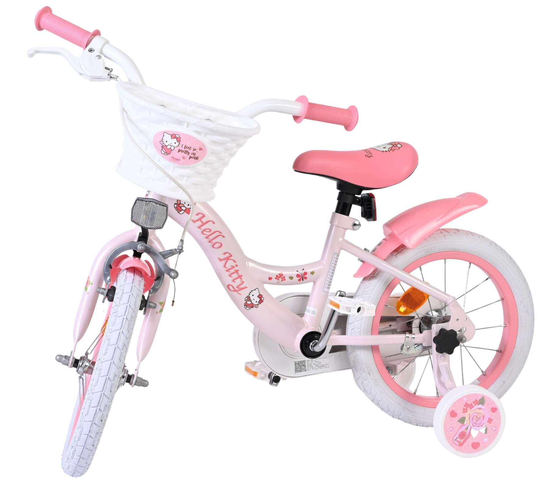 Ein rosafarbenes Hello Kitty-Fahrrad mit Stützrädern und einem weißen Korb.