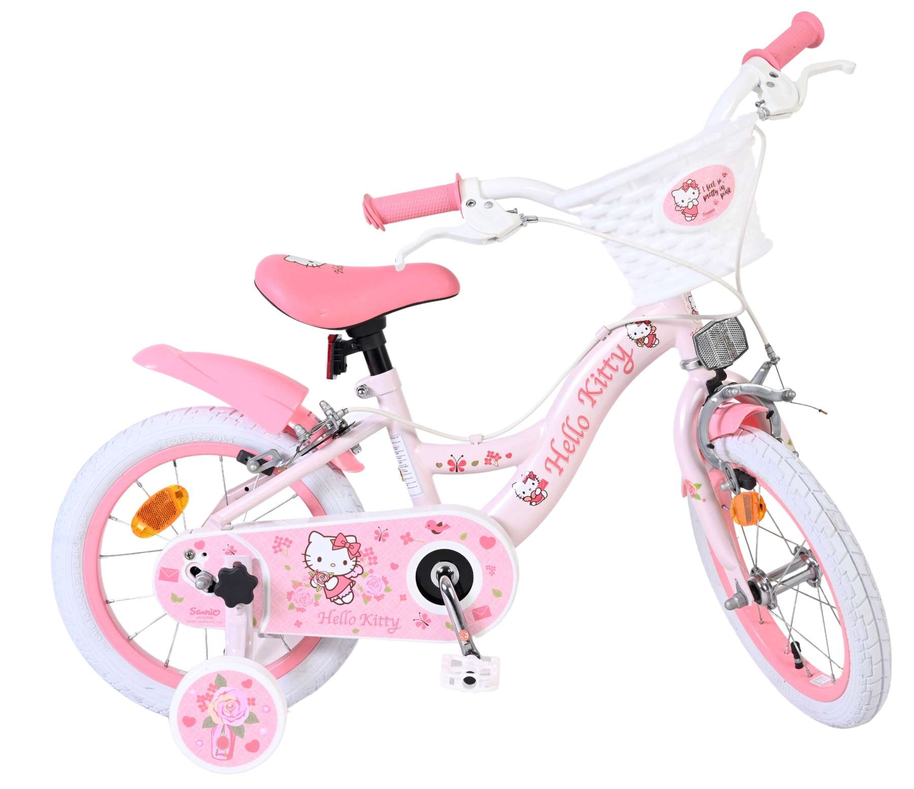 Ein rosa Kinderfahrrad mit Hello Kitty-Motiven und Stützrädern.