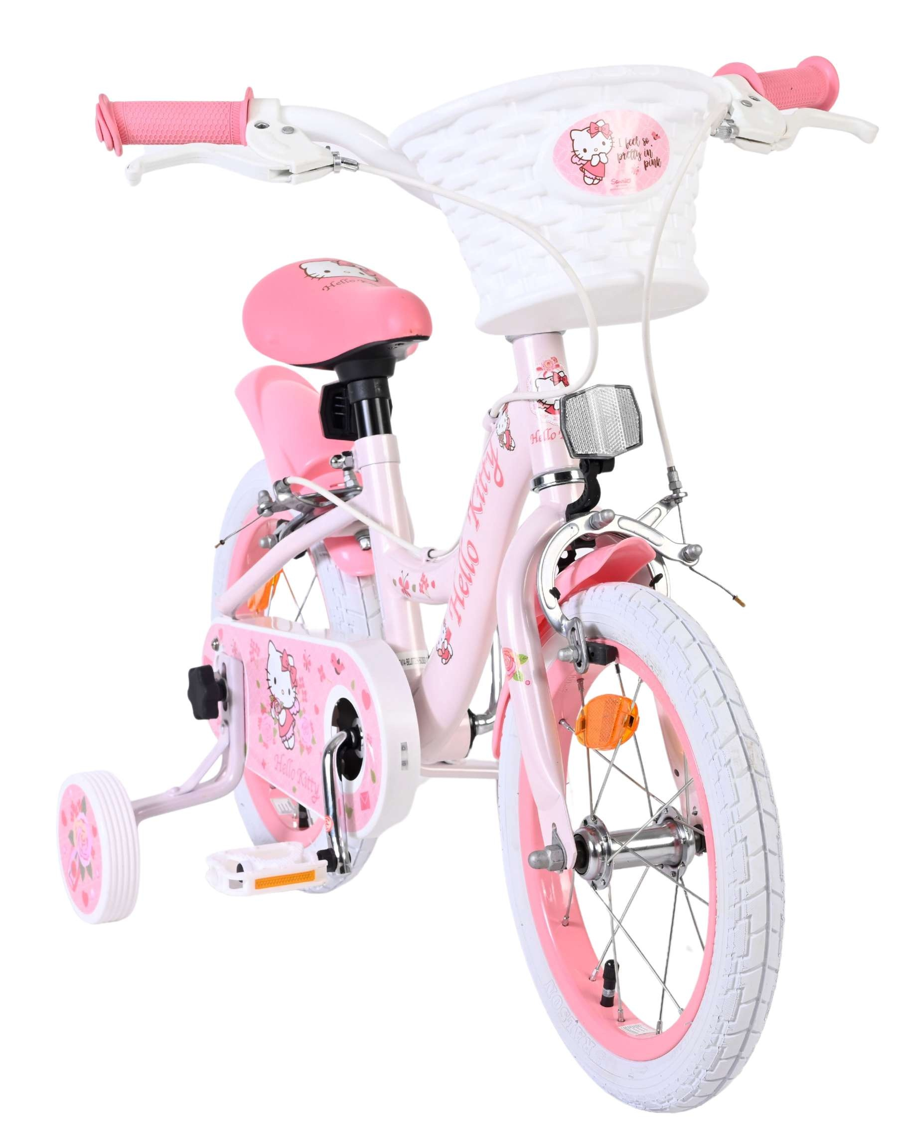Ein pinkes Hello Kitty Fahrrad mit Stützrädern, weißem Korb und weißen Reifen.