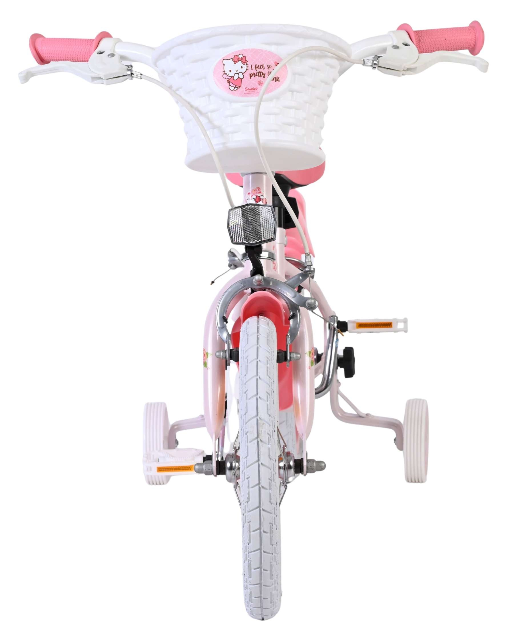 Ein rosa Kinderfahrrad mit Stützrädern, einem weißen Korb und Hello Kitty-Motiven.