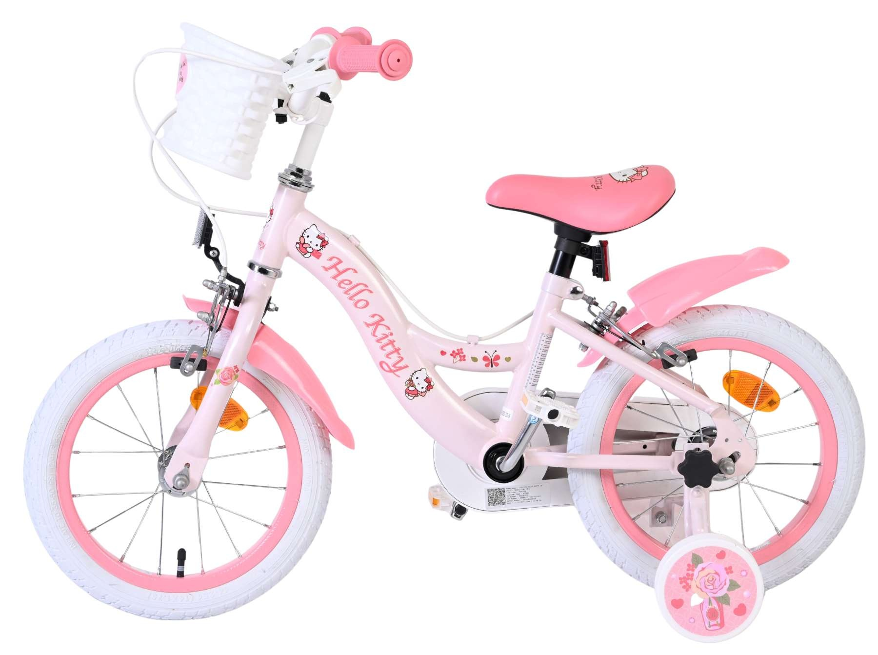 Ein rosafarbenes Hello Kitty Kinderfahrrad mit weißer Reifenwand, Korb und Stützrädern.