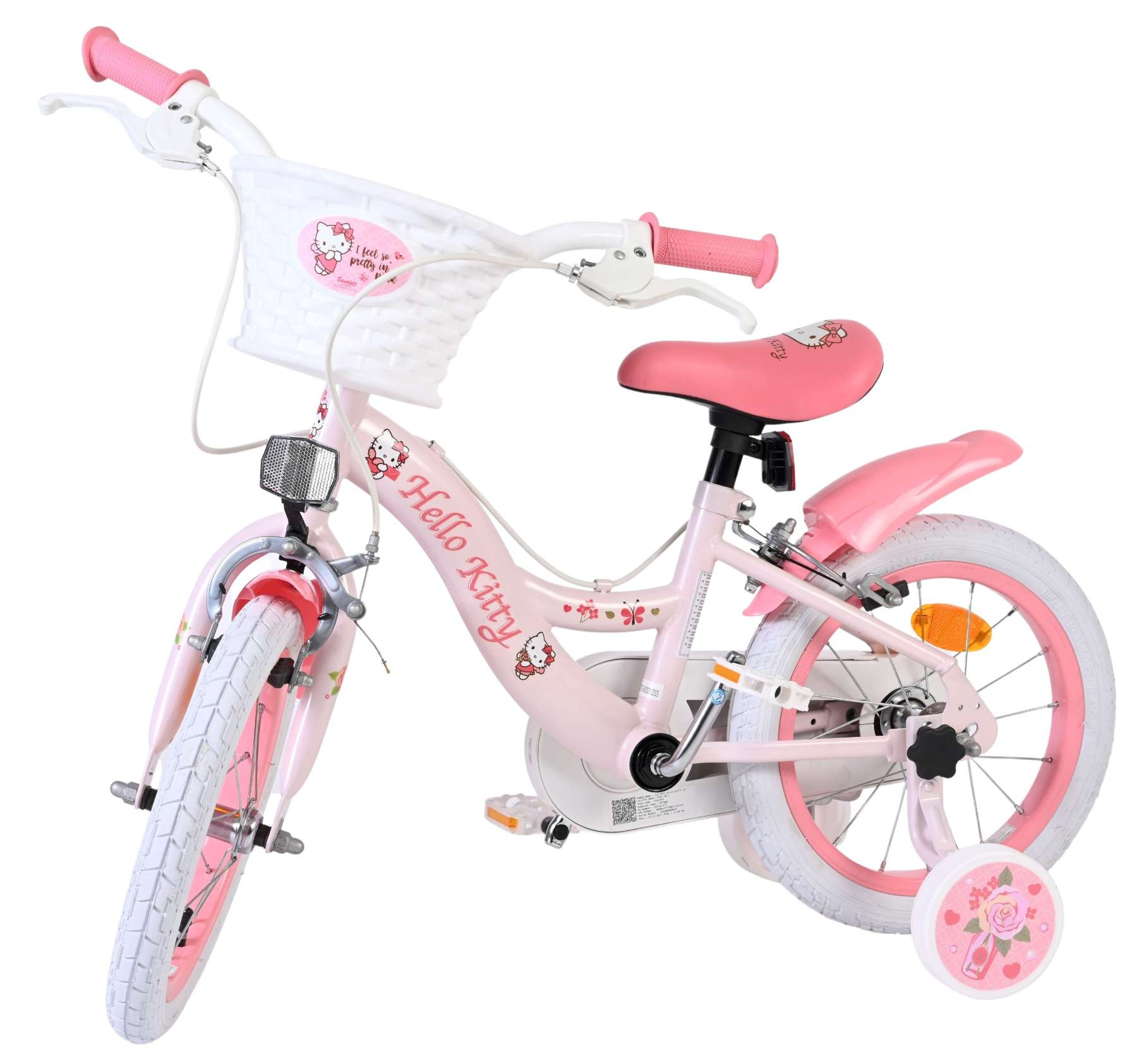 Ein rosa Hello Kitty Kinderfahrrad mit Stützrädern, Korb und weißen Reifen.