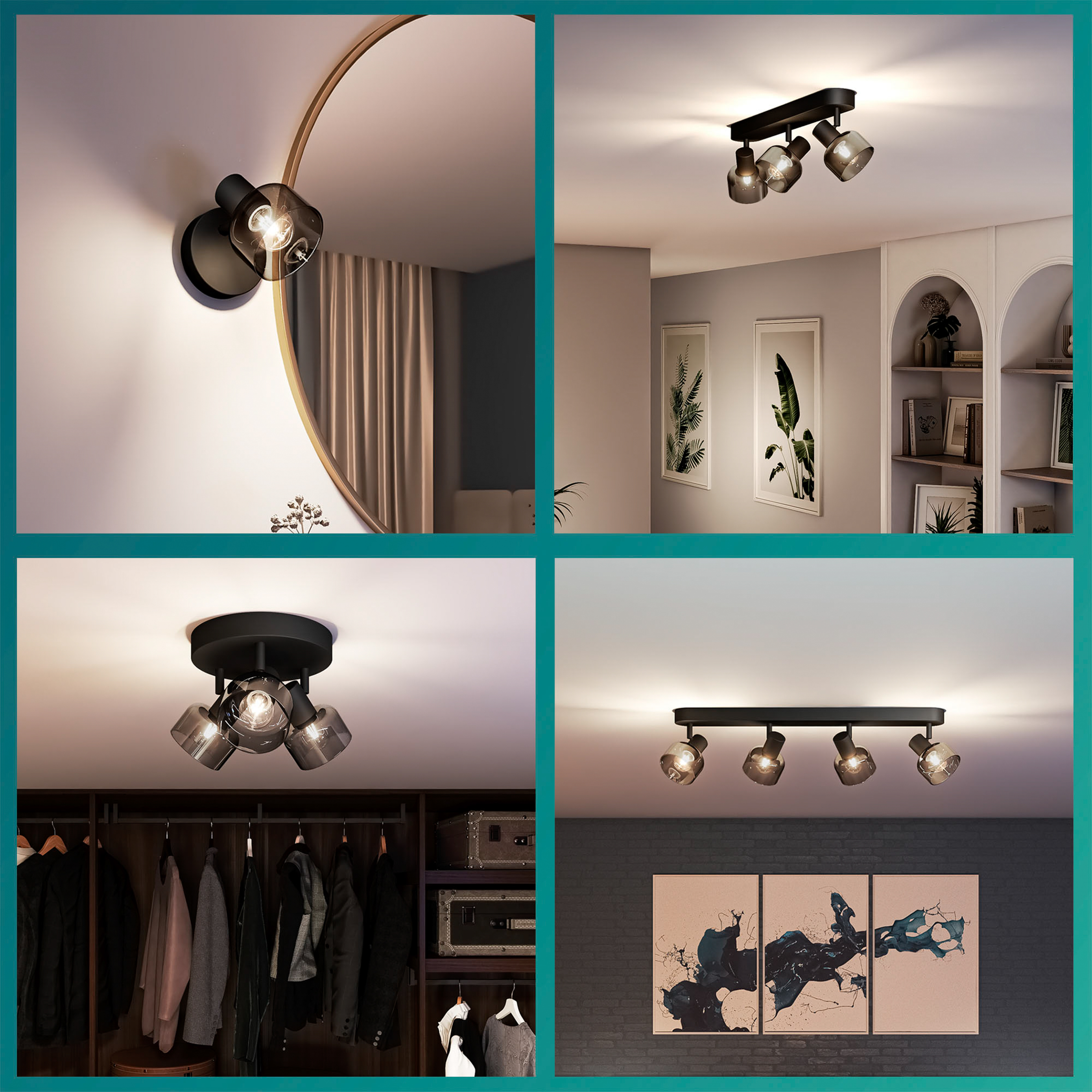 Vier verschiedene Beleuchtungsstile: Wand-, Decken- und Schienenstrahler, Garderobe.