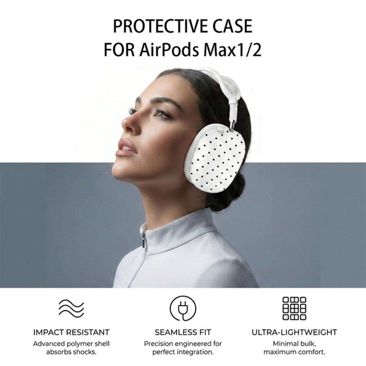 Frau mit weißen Kopfhörern mit schwarzen Punkten, die für AirPods Max/2 Hülle werben.