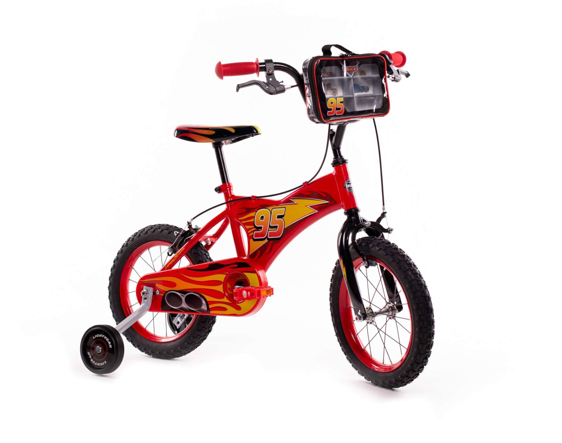 Ein rotes Kinderfahrrad mit Lightning McQueen-Motiven, Nummer 95 und Flammen.