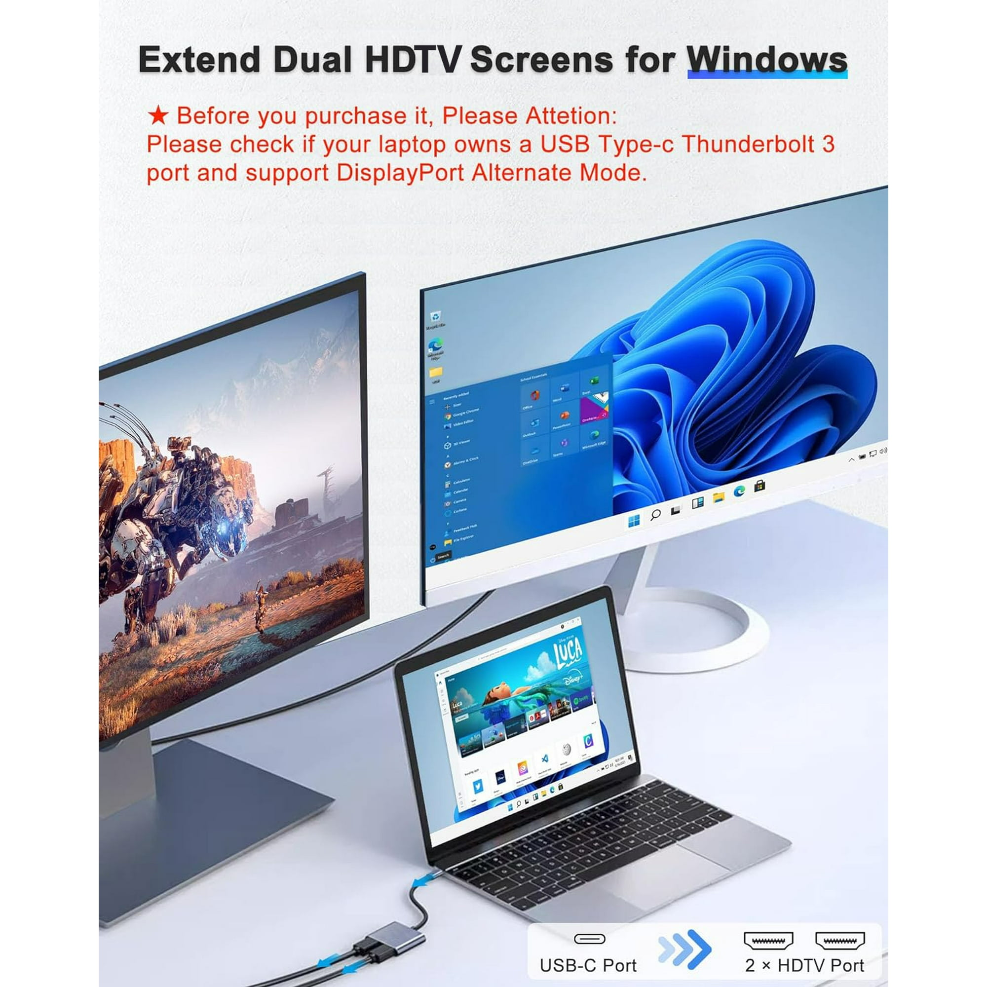 Ein Laptop mit zwei HDTV-Bildschirmen, die mit einem USB-C-Hub verbunden sind.