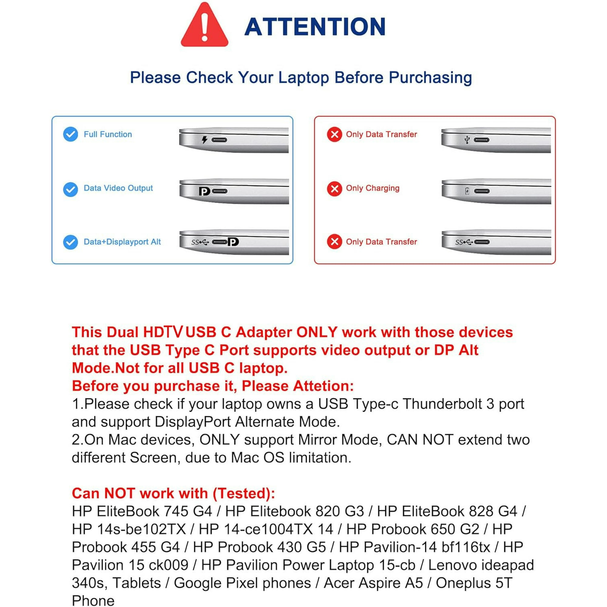 Achtung! Prüfen Sie Ihren Laptop vor dem Kauf. USB-C-Anschlüsse für verschiedene Funktionen.