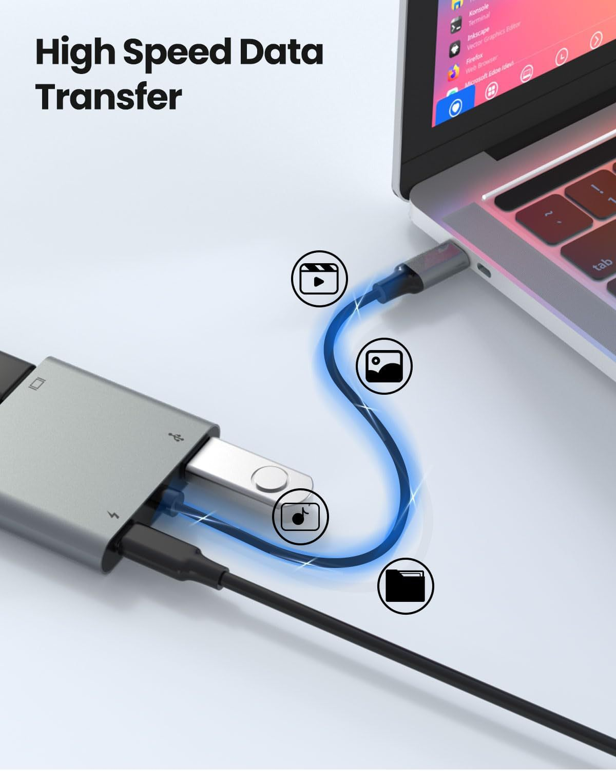 Ein USB-C-Hub ist an einen Laptop angeschlossen, mit Symbolen für Datenübertragung.