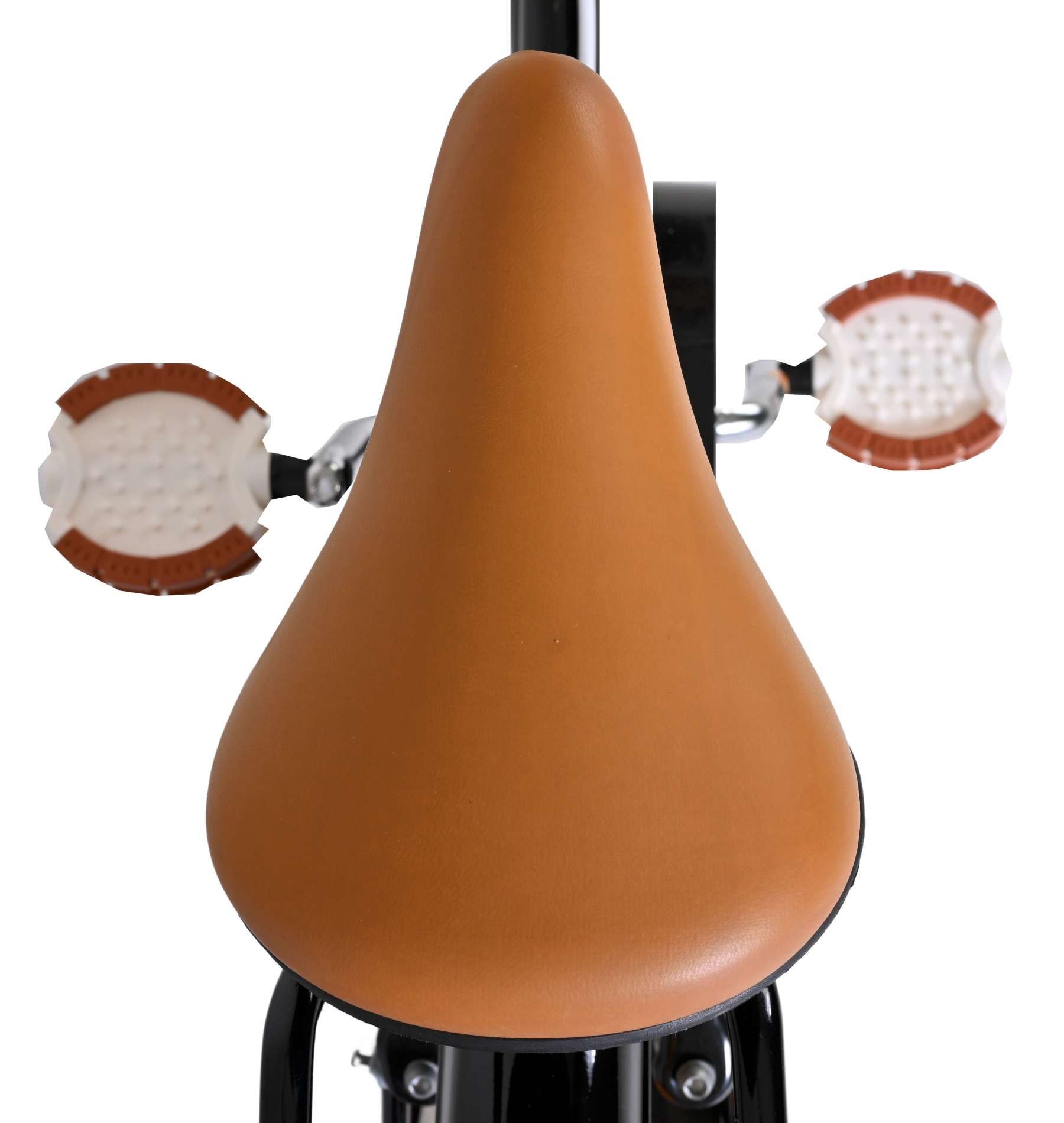 Ein brauner Fahrradsattel mit weißen und braunen Pedalen.