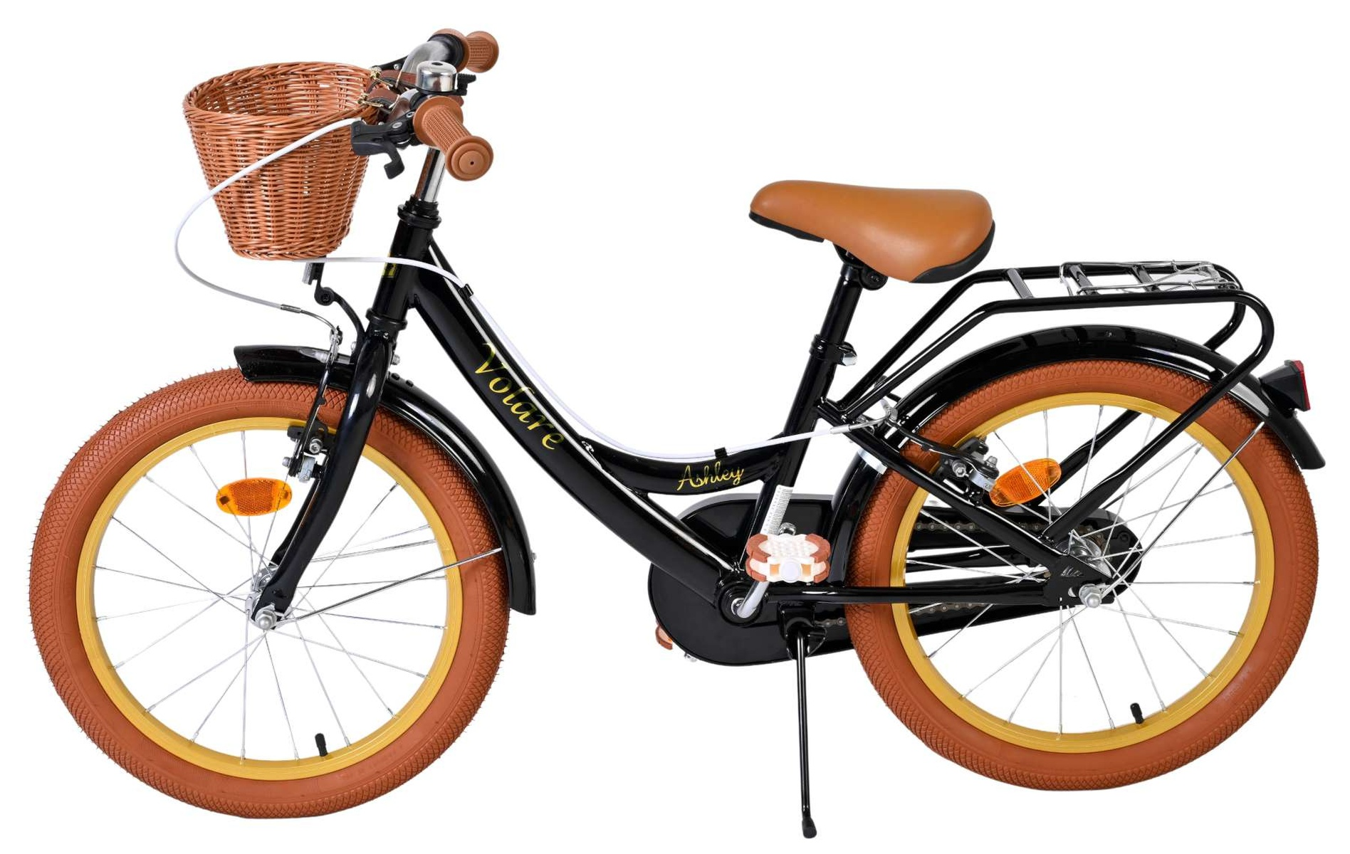 Ein schwarzes Kinderfahrrad mit braunem Korb, braunem Sattel und braunen Reifen.