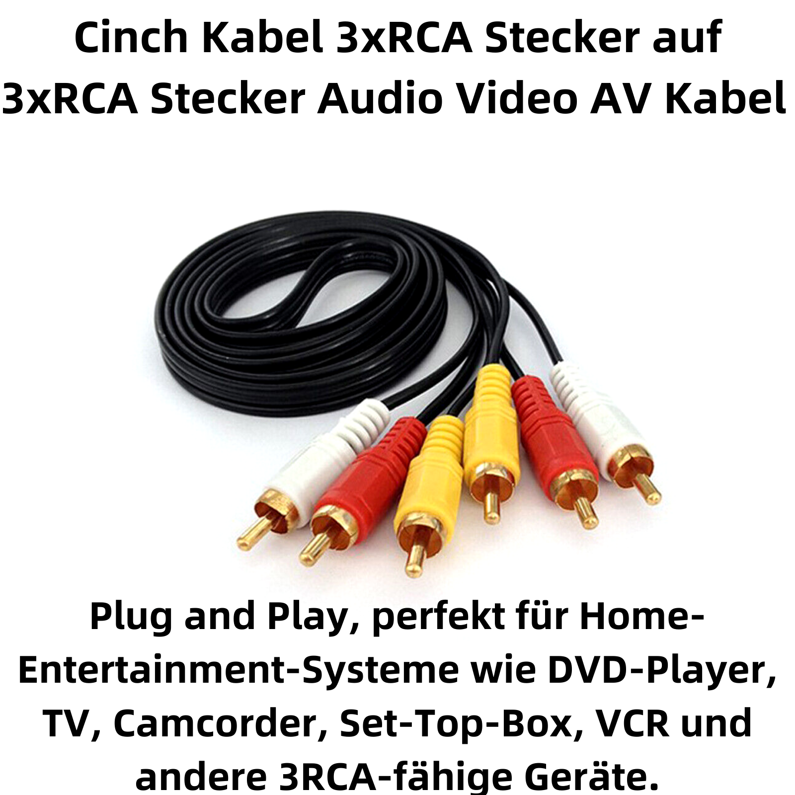 Schwarzes Audiokabel mit 3xRCA-Steckern in Rot, Gelb und Weiß.